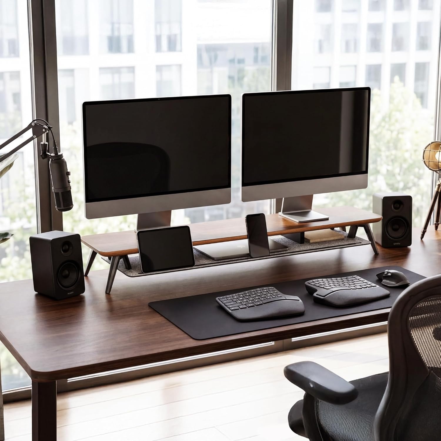 image:imageFenge Dual Monitor Stand MultiLayer Solid Wood Monitor Riser for Desk Monitor Stand with Aluminum MShaped Legs Walnut Desk Shelf with Iron Plate for ComputerBrown
