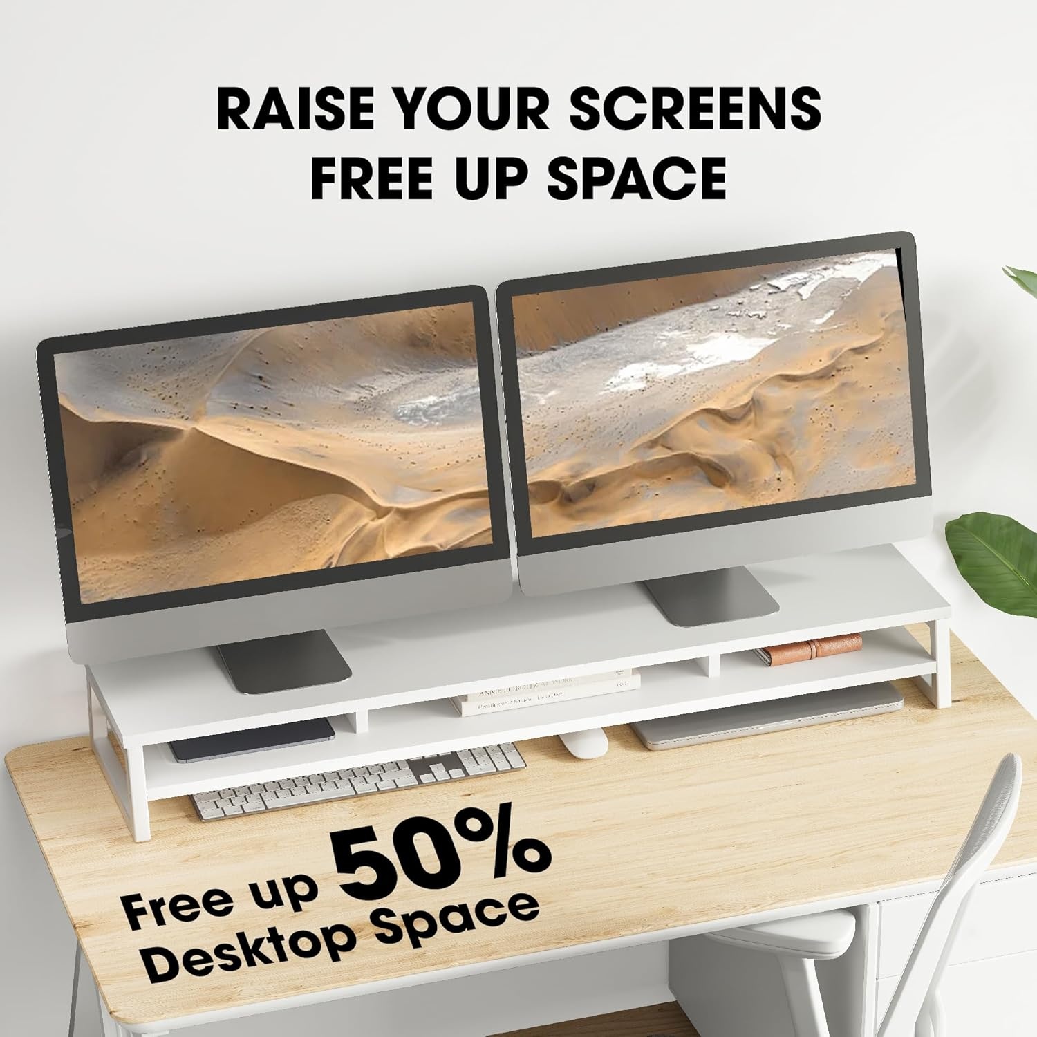 image:imageFenge Dual Monitor Stand for Desk 425in Large Monitor Riser for 2 Monitors 2 Tier Computer Office Desk Top Shelf Desktop Storage Stand for Laptop PC Computer PrinterWhite