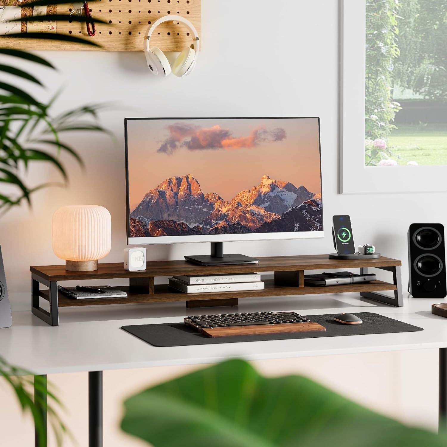 image:imageFenge Dual Monitor Stand for Desk 425in Large Monitor Riser for 2 Monitors 2 Tier Computer Office Desk Top Shelf Desktop Storage Stand for Laptop PC Computer PrinterBrwon