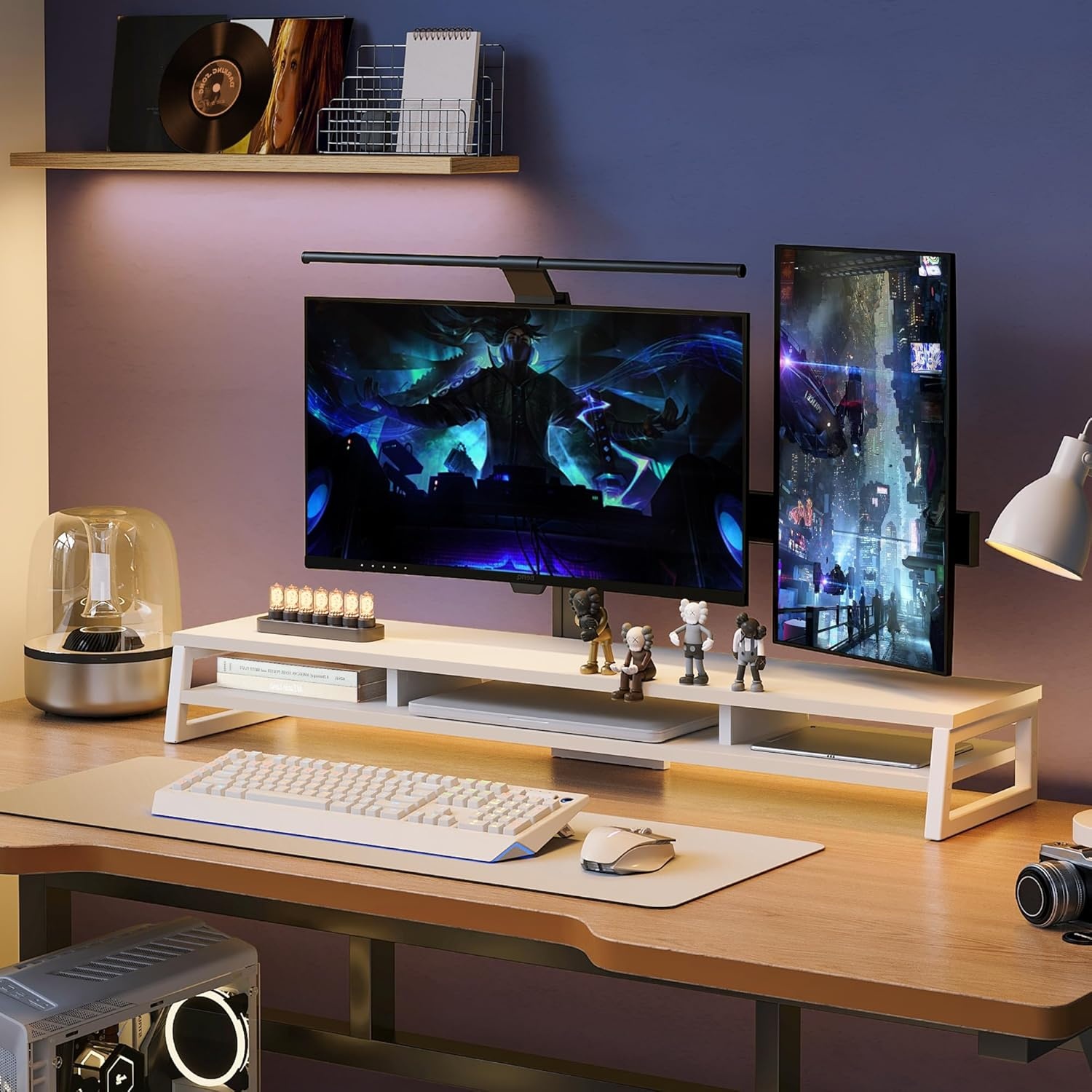image:imageFenge Dual Monitor Stand for Desk 425in Large Monitor Riser for 2 Monitors 2 Tier Computer Office Desk Top Shelf Desktop Storage Stand for Laptop PC Computer PrinterWhite