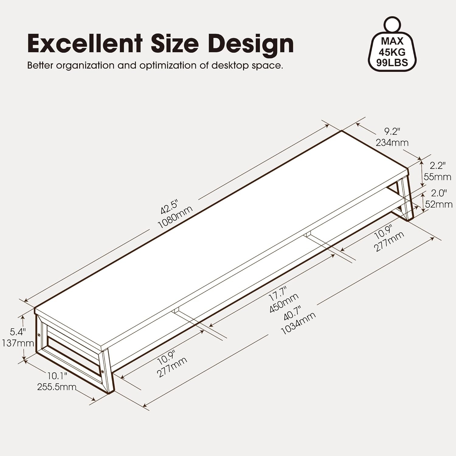 image:imageFenge Dual Monitor Stand for Desk 425in Large Monitor Riser for 2 Monitors 2 Tier Computer Office Desk Top Shelf Desktop Storage Stand for Laptop PC Computer PrinterBrwon