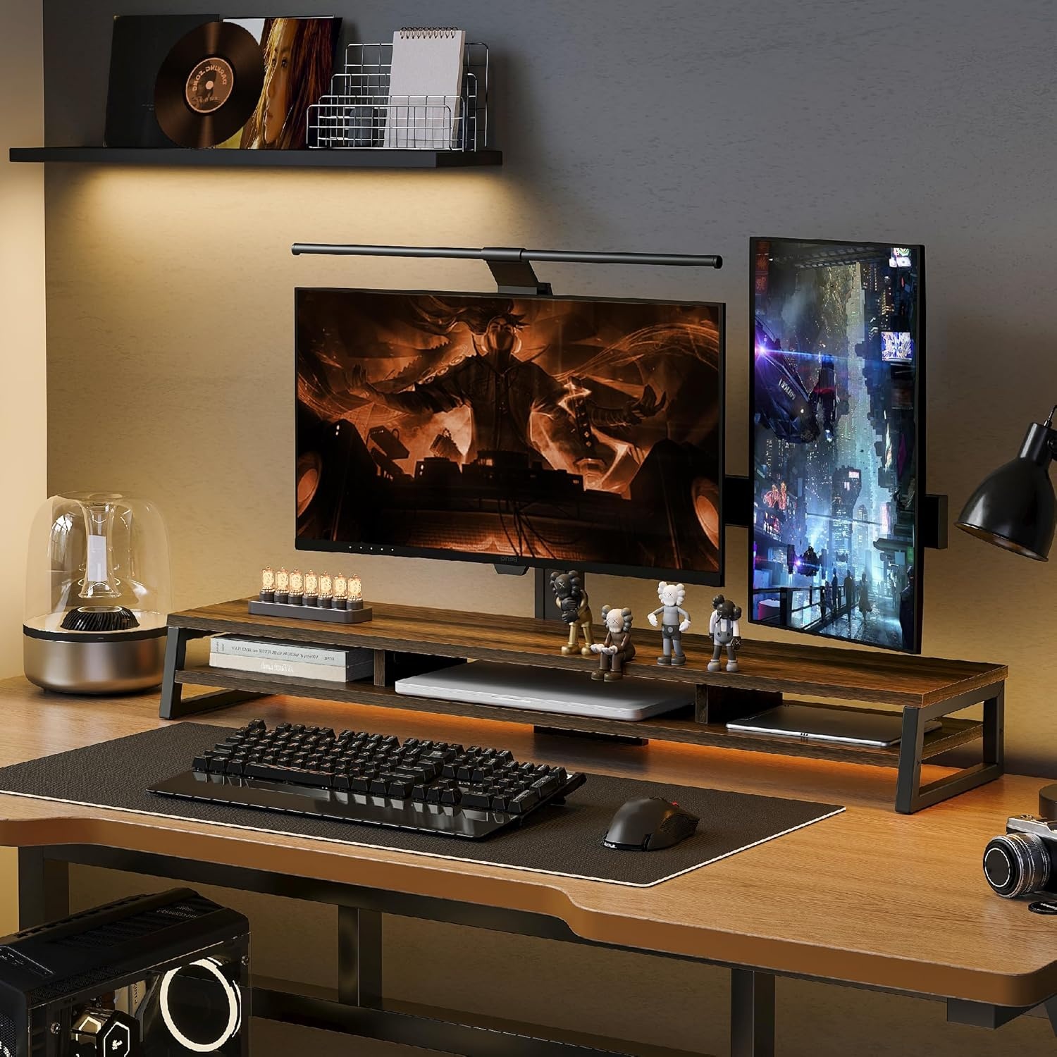 image:imageFenge Dual Monitor Stand for Desk 425in Large Monitor Riser for 2 Monitors 2 Tier Computer Office Desk Top Shelf Desktop Storage Stand for Laptop PC Computer PrinterBrwon