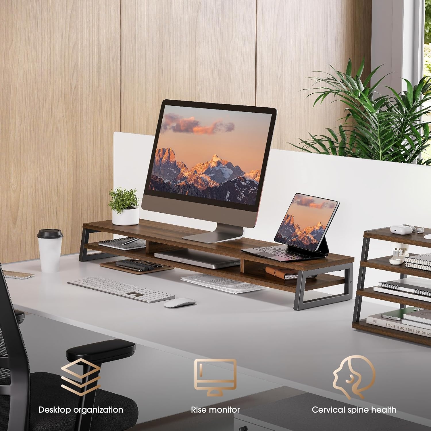 image:imageFenge Dual Monitor Stand for Desk 425in Large Monitor Riser for 2 Monitors 2 Tier Computer Office Desk Top Shelf Desktop Storage Stand for Laptop PC Computer PrinterBrwon