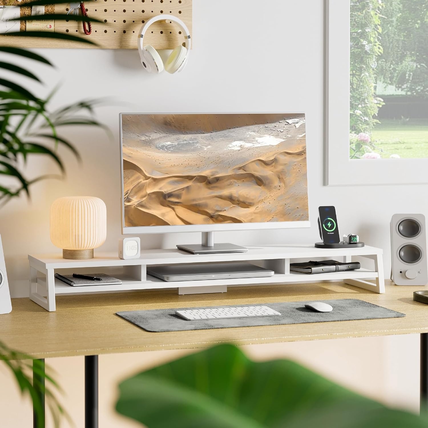 image:imageFenge Dual Monitor Stand for Desk 425in Large Monitor Riser for 2 Monitors 2 Tier Computer Office Desk Top Shelf Desktop Storage Stand for Laptop PC Computer PrinterWhite