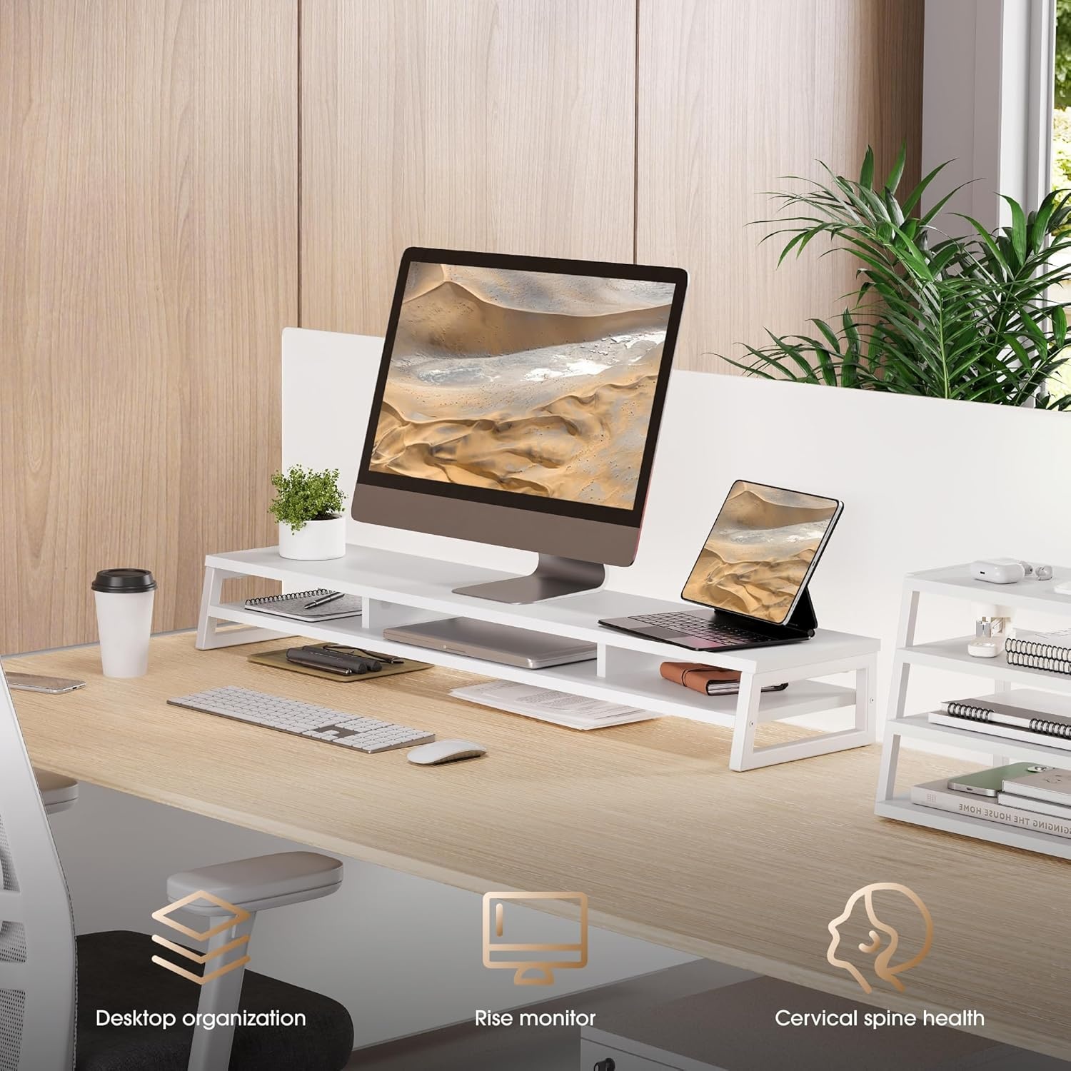 image:imageFenge Dual Monitor Stand for Desk 425in Large Monitor Riser for 2 Monitors 2 Tier Computer Office Desk Top Shelf Desktop Storage Stand for Laptop PC Computer PrinterWhite