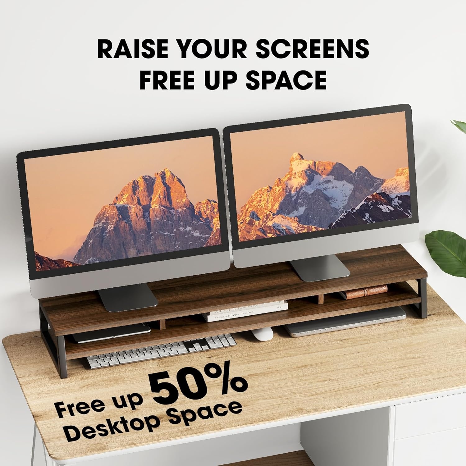 image:imageFenge Dual Monitor Stand for Desk 425in Large Monitor Riser for 2 Monitors 2 Tier Computer Office Desk Top Shelf Desktop Storage Stand for Laptop PC Computer PrinterBrwon