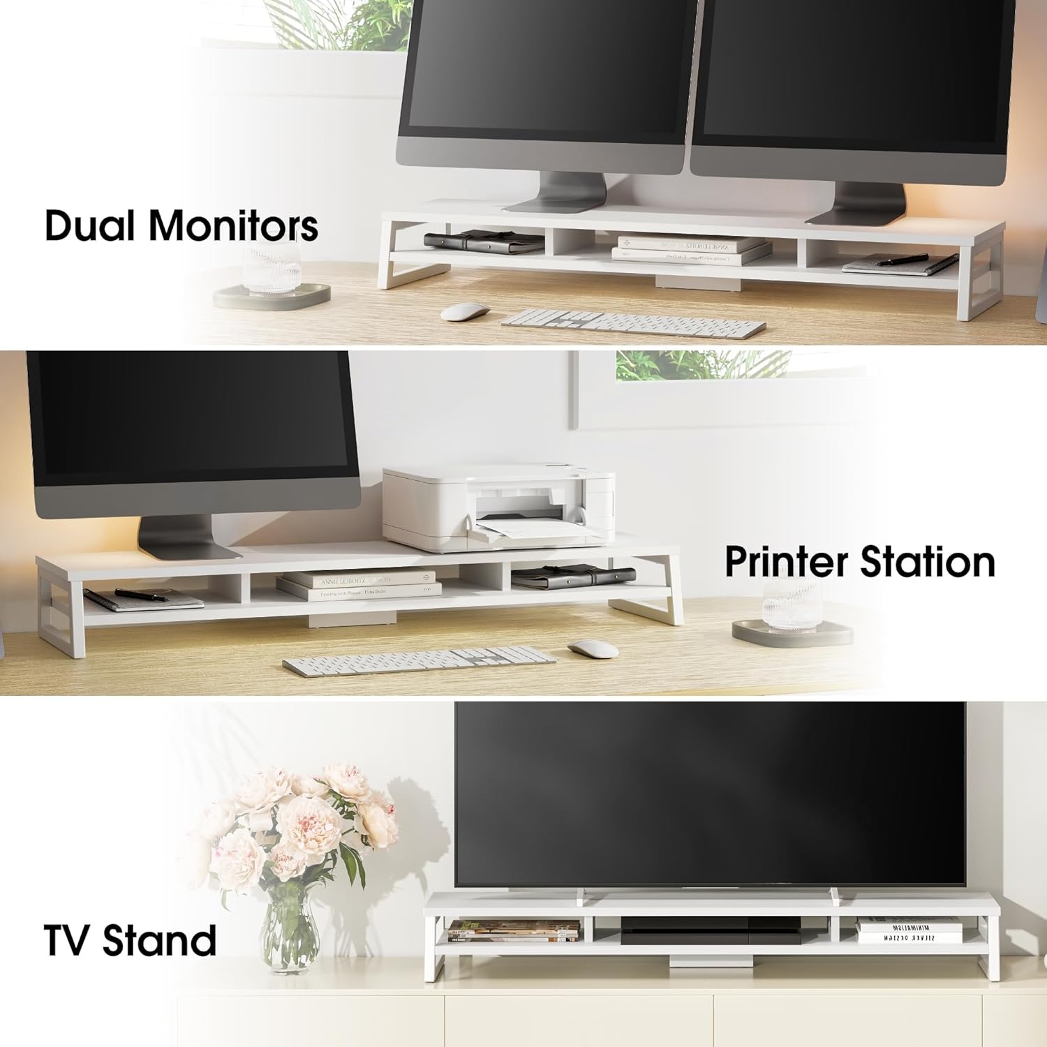 image:imageFenge Dual Monitor Stand for Desk 425in Large Monitor Riser for 2 Monitors 2 Tier Computer Office Desk Top Shelf Desktop Storage Stand for Laptop PC Computer PrinterWhite