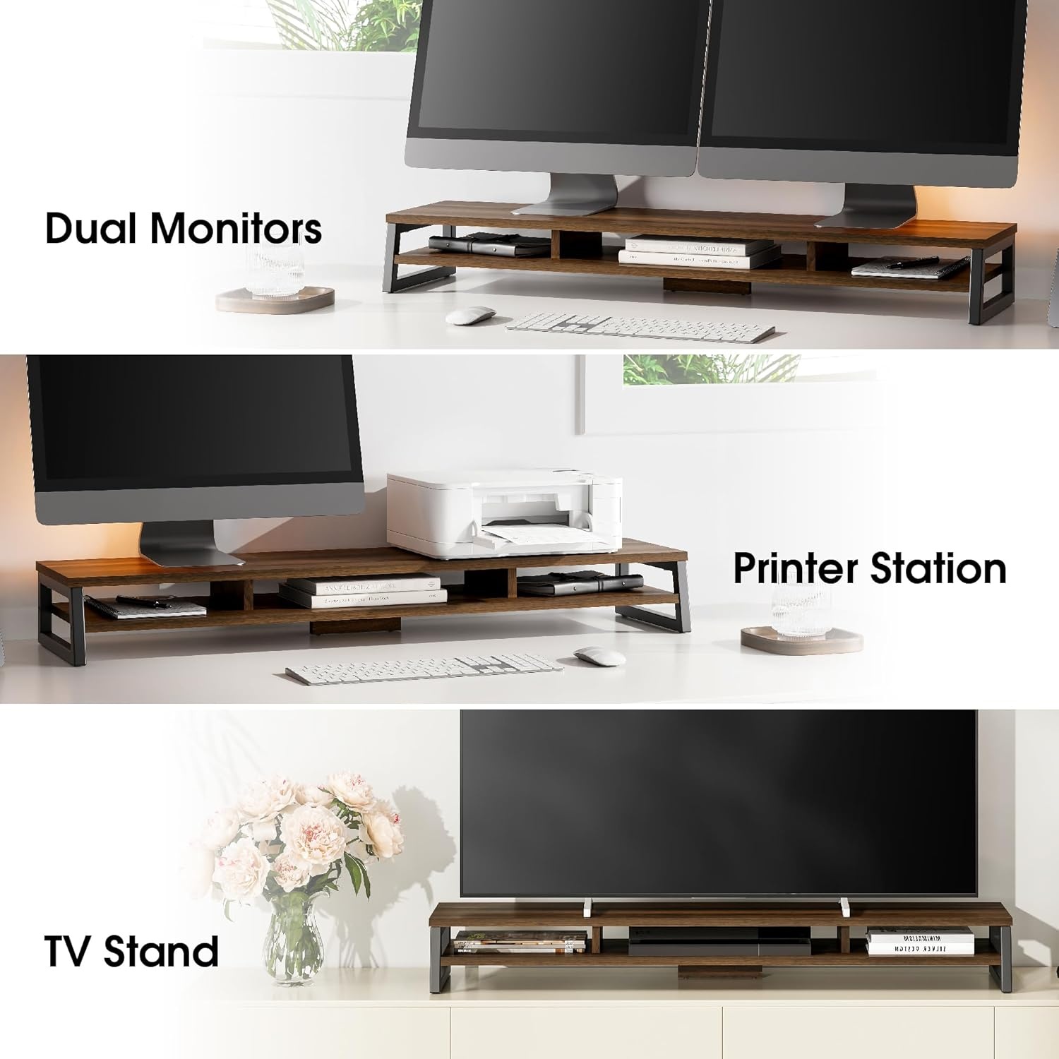 image:imageFenge Dual Monitor Stand for Desk 425in Large Monitor Riser for 2 Monitors 2 Tier Computer Office Desk Top Shelf Desktop Storage Stand for Laptop PC Computer PrinterBrwon