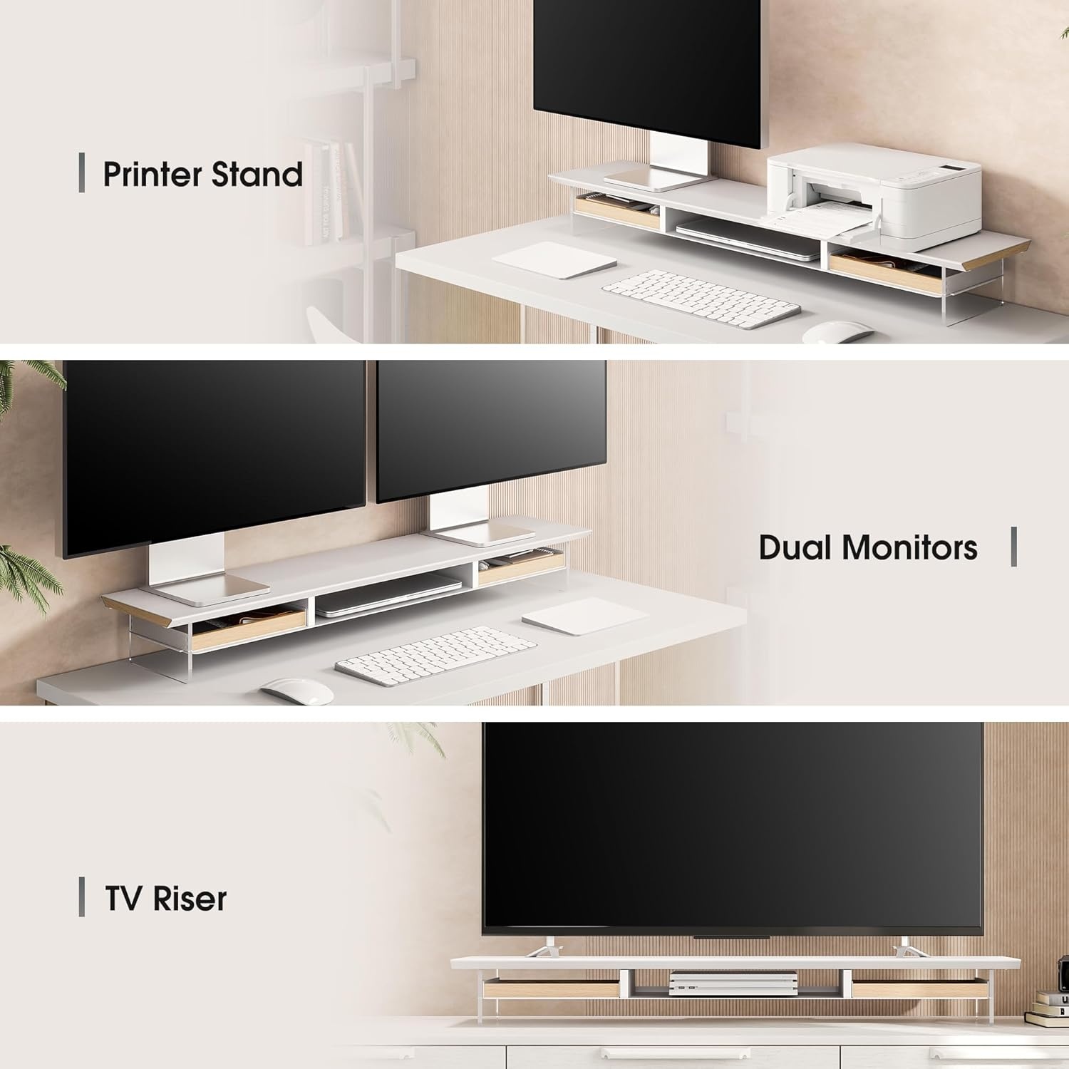 image:imageFenge Dual Monitor Stand with Drawer 425 Inch Large Monitor Riser with Acrylic Legs Supports Computer Stand for Desk 2 Tier Wood Desk Shelf with Storage Organizer for PC Laptop Printer TVWhite