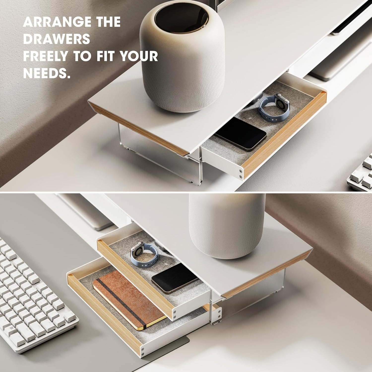 image:imageFenge Dual Monitor Stand with Drawer 425 Inch Large Monitor Riser with Acrylic Legs Supports Computer Stand for Desk 2 Tier Wood Desk Shelf with Storage Organizer for PC Laptop Printer TVWhite