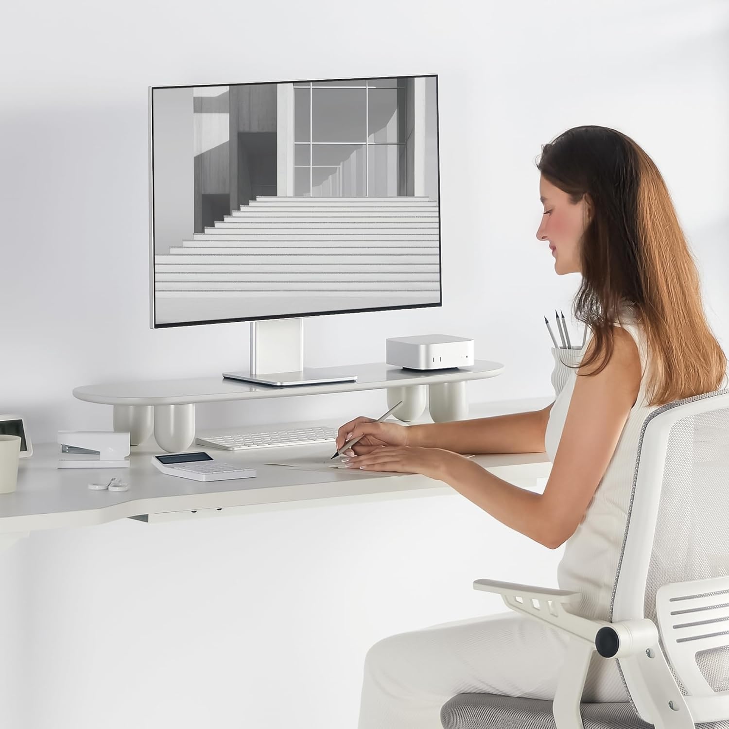 image:imageFenge Monitor Riser 34 Inch Dual Monitor Stand for Large Monitors Desk Organizer with Wooden Shelf amp Solid Wood Legs Computer Stand for Laptop TV PC Printer RedWhite