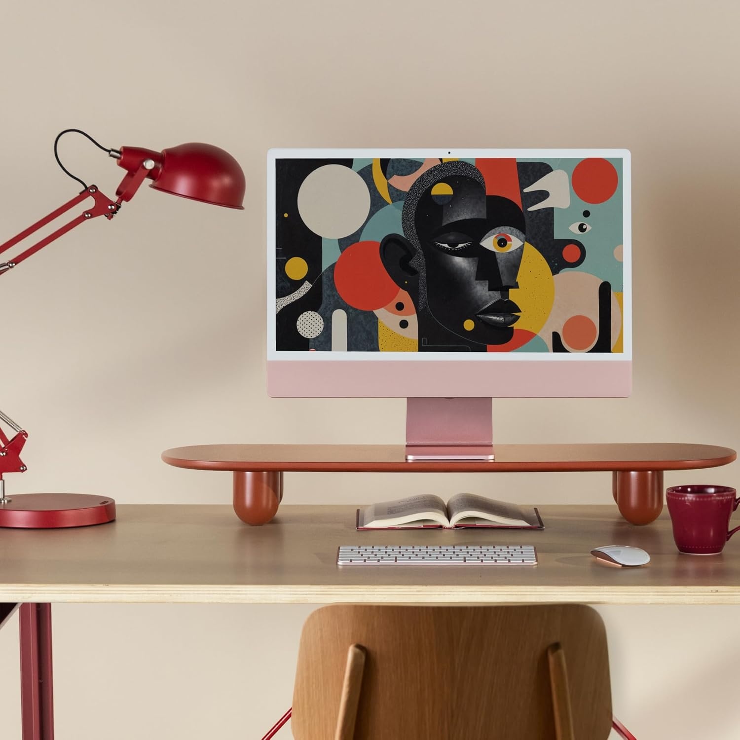 image:imageFenge Monitor Riser 34 Inch Dual Monitor Stand for Large Monitors Desk Organizer with Wooden Shelf amp Solid Wood Legs Computer Stand for Laptop TV PC Printer RedRed