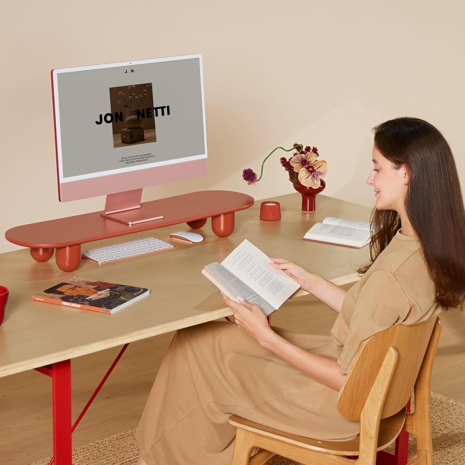 image:imageFenge Monitor Riser 34 Inch Dual Monitor Stand for Large Monitors Desk Organizer with Wooden Shelf amp Solid Wood Legs Computer Stand for Laptop TV PC Printer RedRed