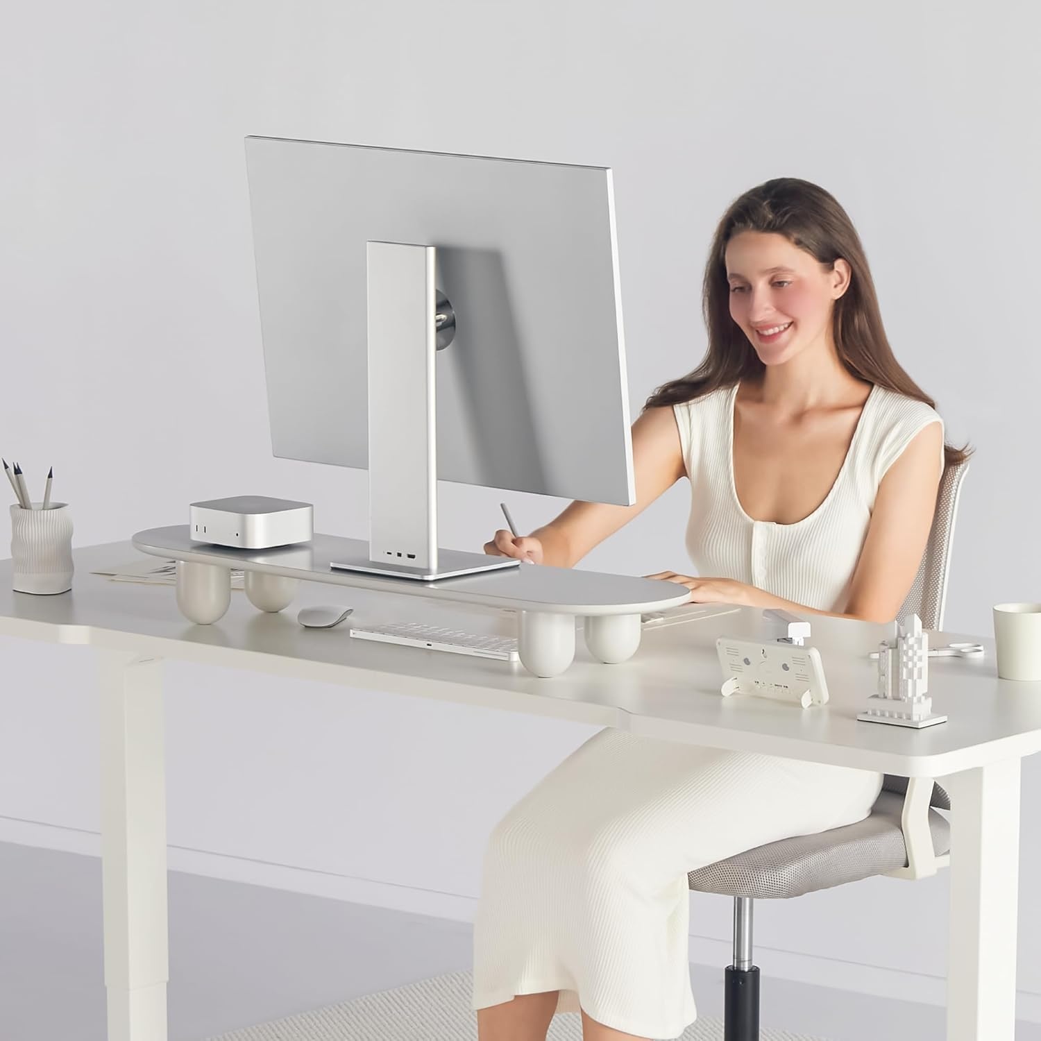 image:imageFenge Monitor Riser 34 Inch Dual Monitor Stand for Large Monitors Desk Organizer with Wooden Shelf amp Solid Wood Legs Computer Stand for Laptop TV PC Printer RedWhite