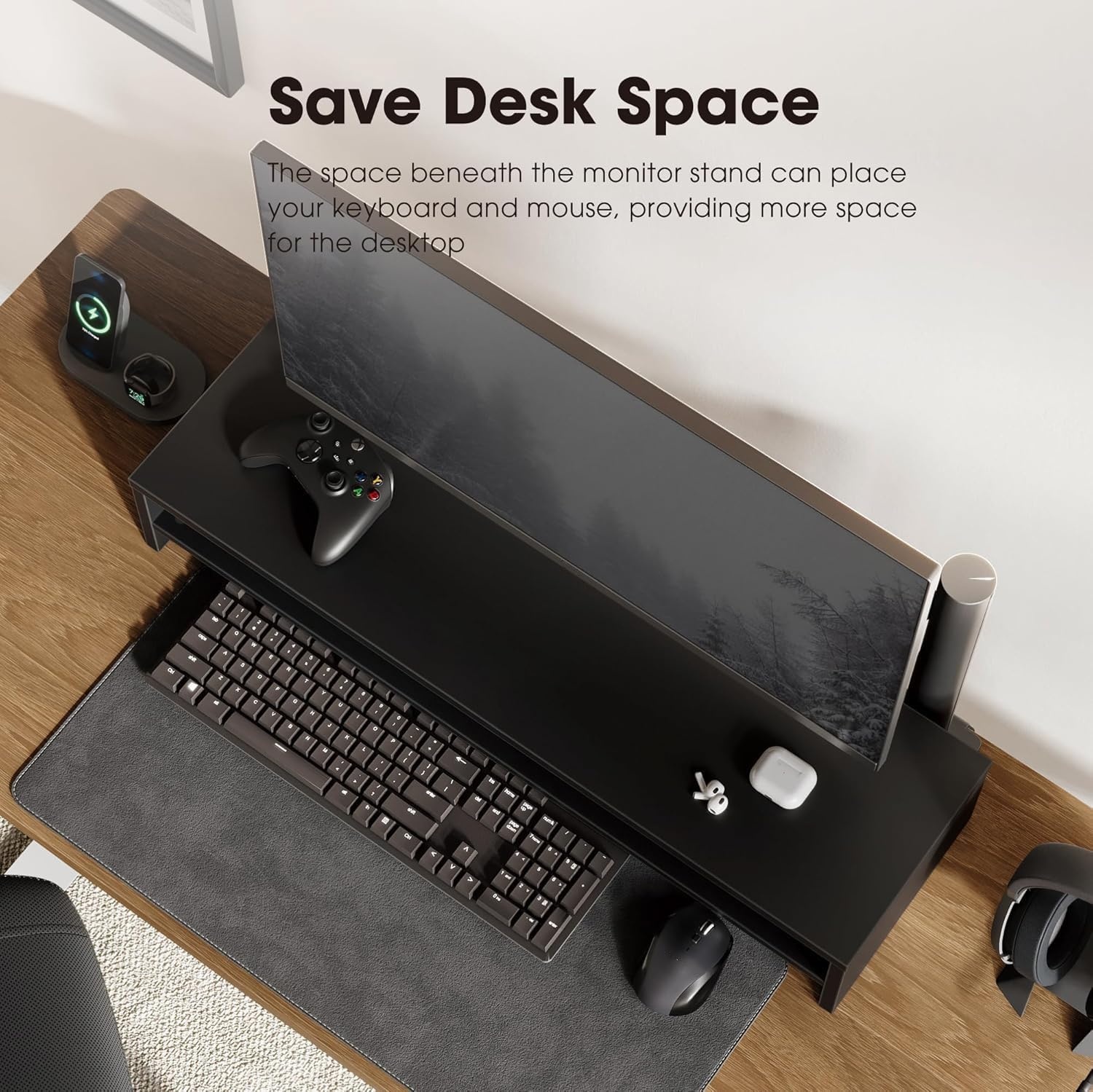 image:imageFenge Monitor Stand 315 Inch Computer Monitor Riser for Desk 2 Tiers Wood Desk Shelf with Storage Desktop Organizer for PC Laptop Screen PrinterBlack