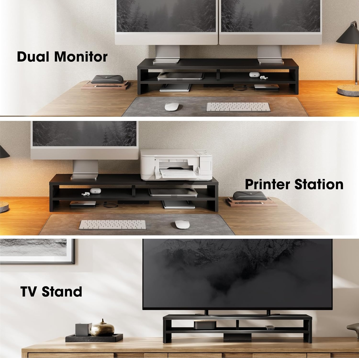 image:imageFenge Monitor Stand 315 Inch Computer Monitor Riser for Desk 2 Tiers Wood Desk Shelf with Storage Desktop Organizer for PC Laptop Screen PrinterBlack