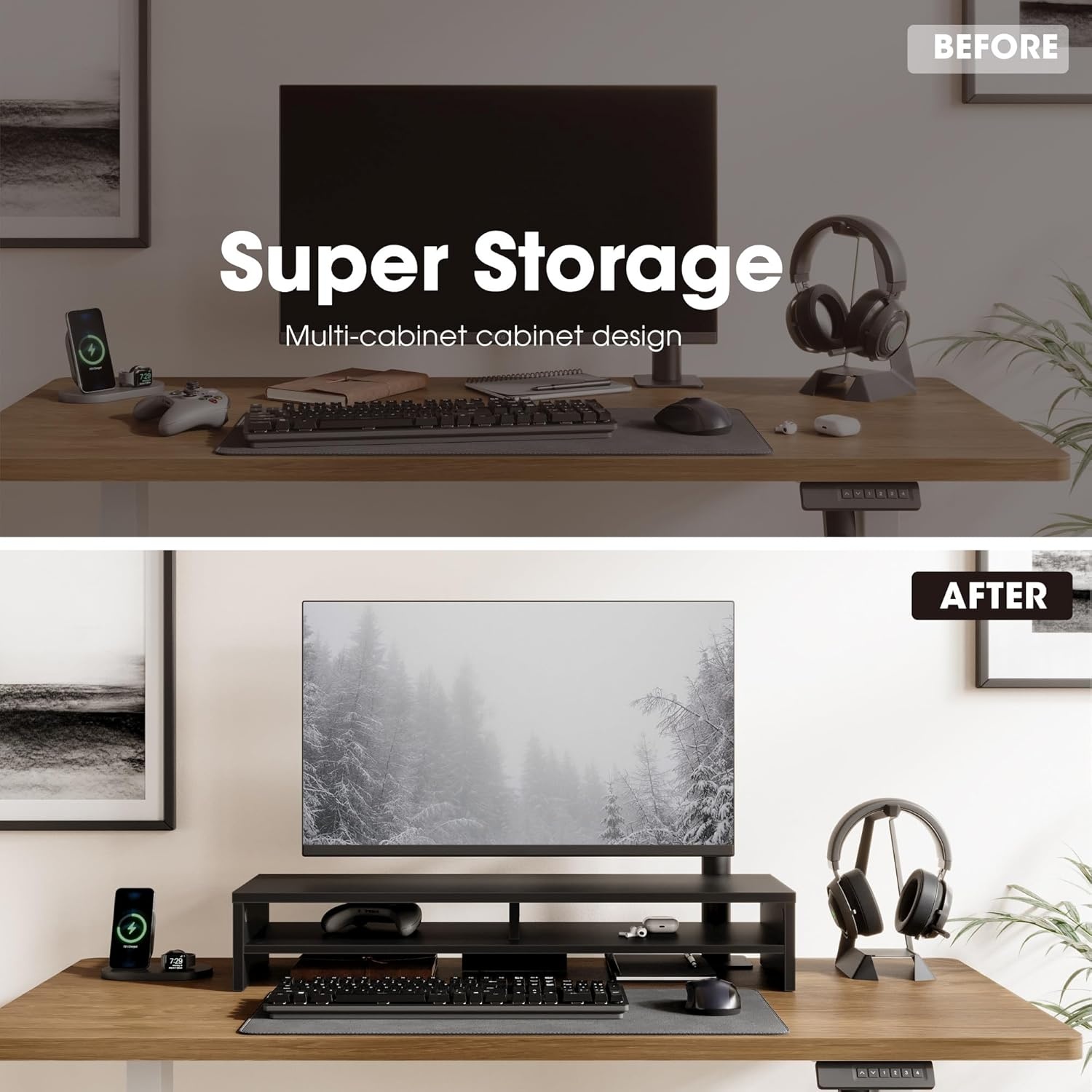 image:imageFenge Monitor Stand 315 Inch Computer Monitor Riser for Desk 2 Tiers Wood Desk Shelf with Storage Desktop Organizer for PC Laptop Screen PrinterBlack