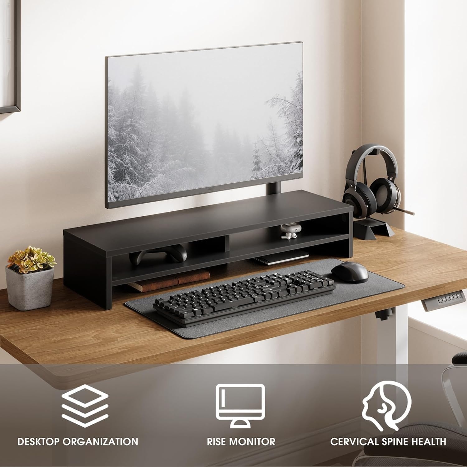 image:imageFenge Monitor Stand 315 Inch Computer Monitor Riser for Desk 2 Tiers Wood Desk Shelf with Storage Desktop Organizer for PC Laptop Screen PrinterBlack