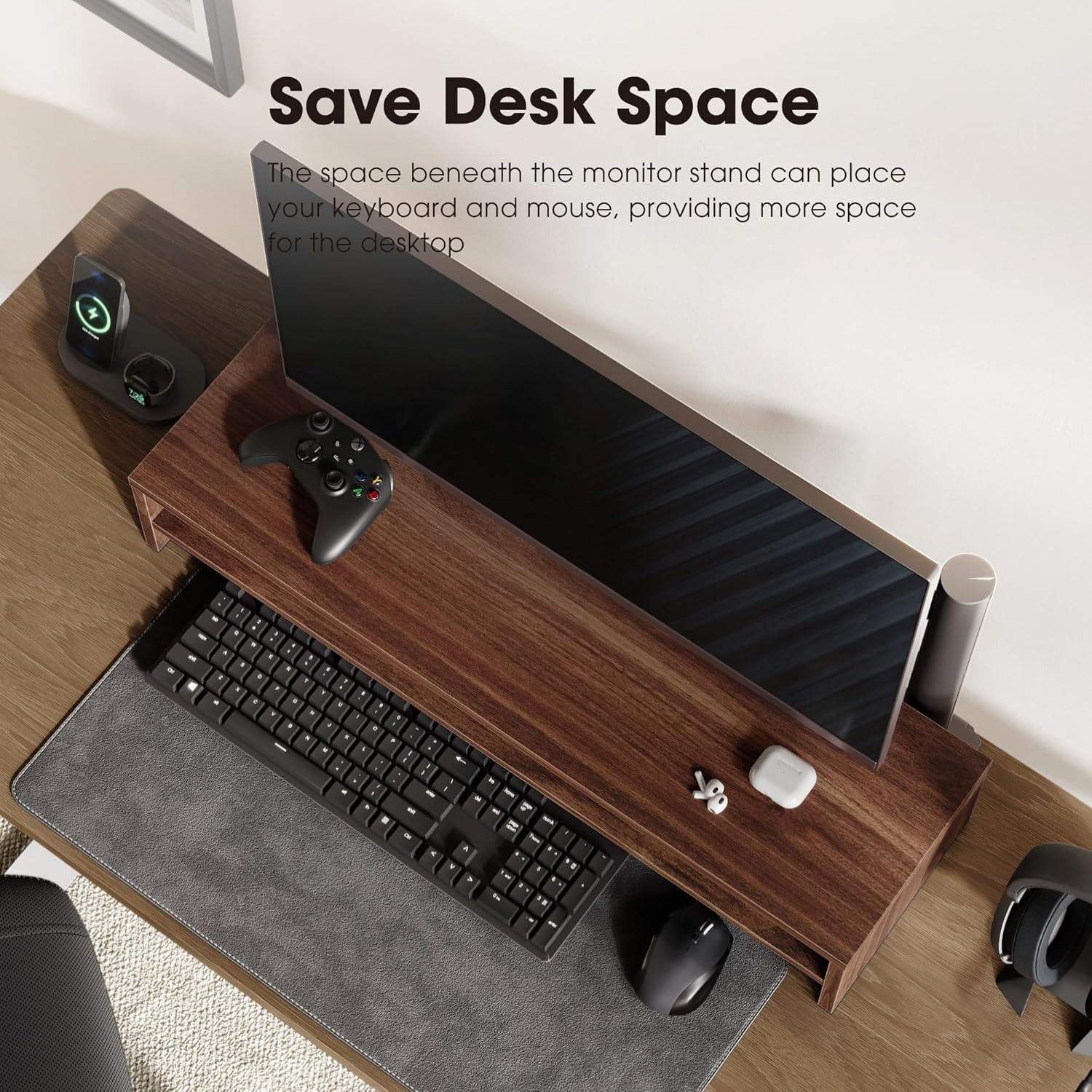 image:imageFenge Monitor Stand 315 Inch Computer Monitor Riser for Desk 2 Tiers Wood Desk Shelf with Storage Desktop Organizer for PC Laptop Screen PrinterBrown