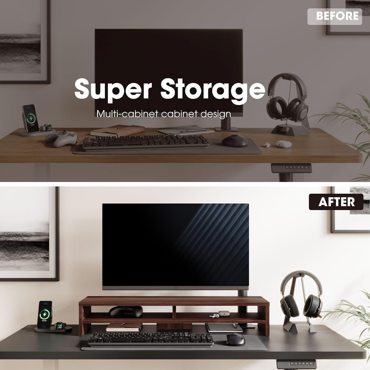 image:imageFenge Monitor Stand 315 Inch Computer Monitor Riser for Desk 2 Tiers Wood Desk Shelf with Storage Desktop Organizer for PC Laptop Screen PrinterBrown