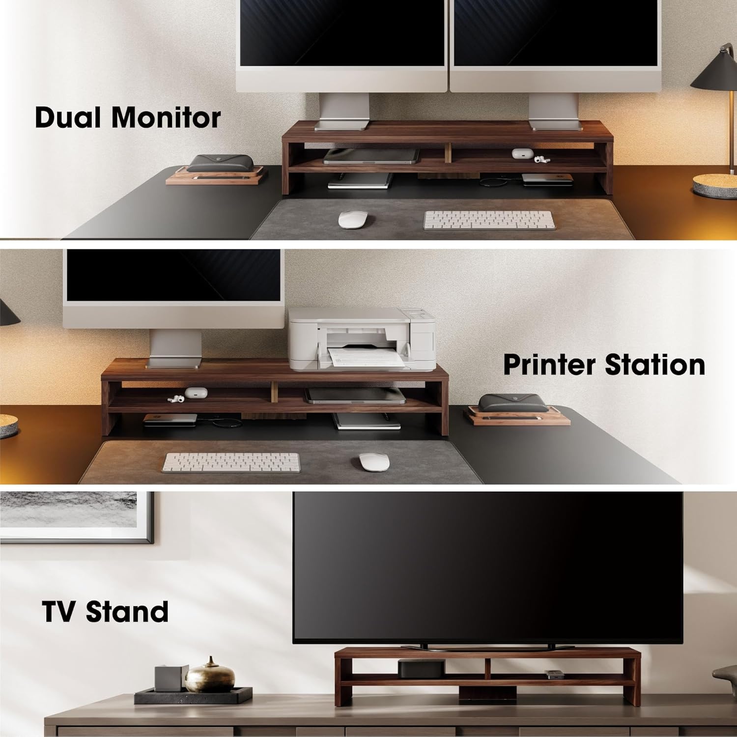 image:imageFenge Monitor Stand 315 Inch Computer Monitor Riser for Desk 2 Tiers Wood Desk Shelf with Storage Desktop Organizer for PC Laptop Screen PrinterBrown