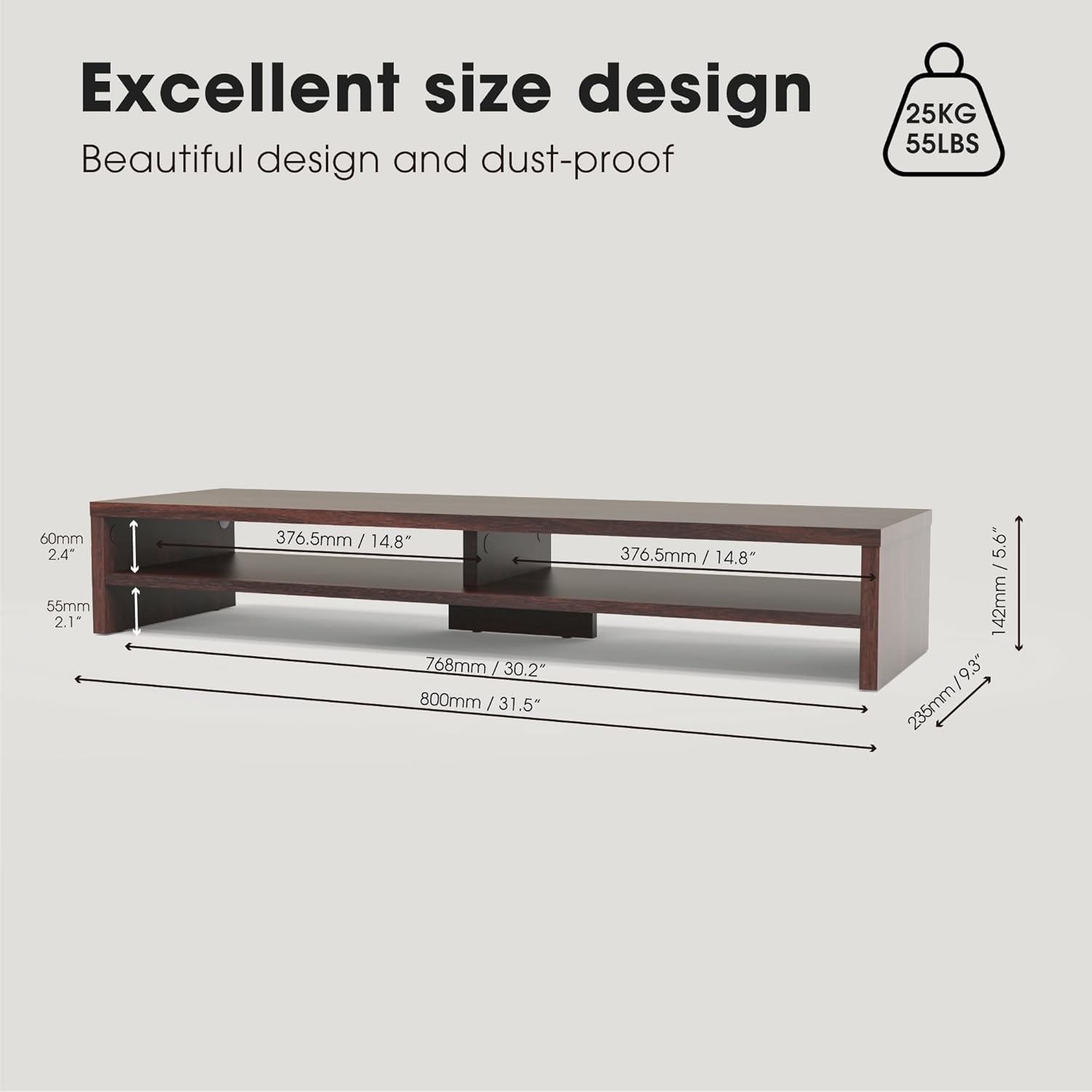 image:imageFenge Monitor Stand 315 Inch Computer Monitor Riser for Desk 2 Tiers Wood Desk Shelf with Storage Desktop Organizer for PC Laptop Screen PrinterBrown