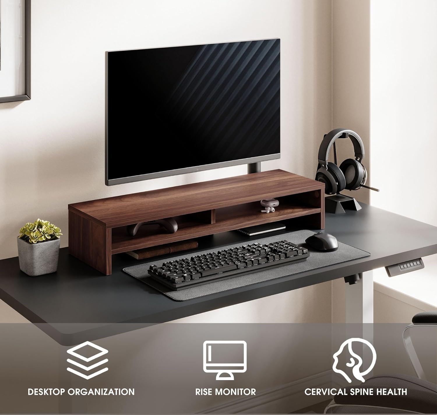 image:imageFenge Monitor Stand 315 Inch Computer Monitor Riser for Desk 2 Tiers Wood Desk Shelf with Storage Desktop Organizer for PC Laptop Screen PrinterBrown