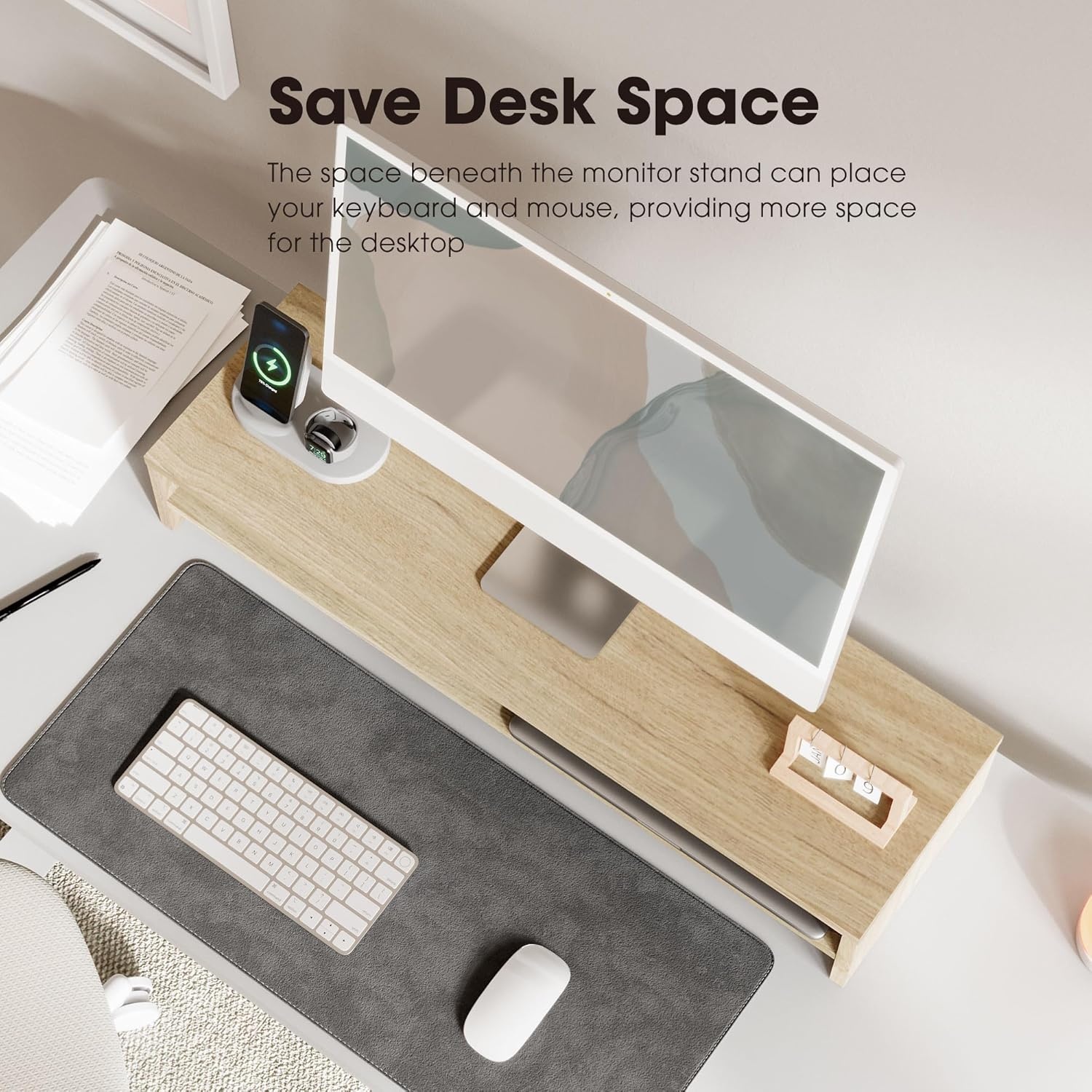image:imageFenge Monitor Stand 315 Inch Computer Monitor Riser for Desk 2 Tiers Wood Desk Shelf with Storage Desktop Organizer for PC Laptop Screen PrinterOak