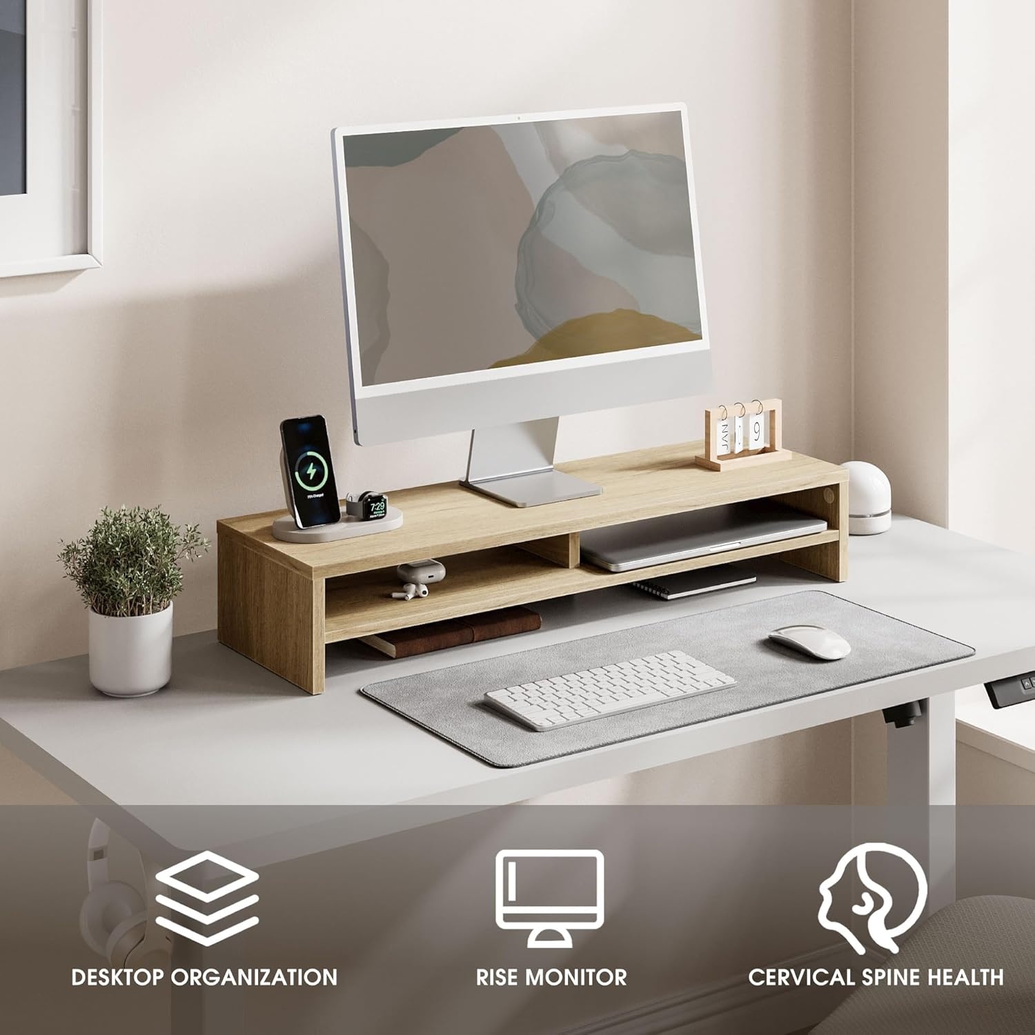 image:imageFenge Monitor Stand 315 Inch Computer Monitor Riser for Desk 2 Tiers Wood Desk Shelf with Storage Desktop Organizer for PC Laptop Screen PrinterOak