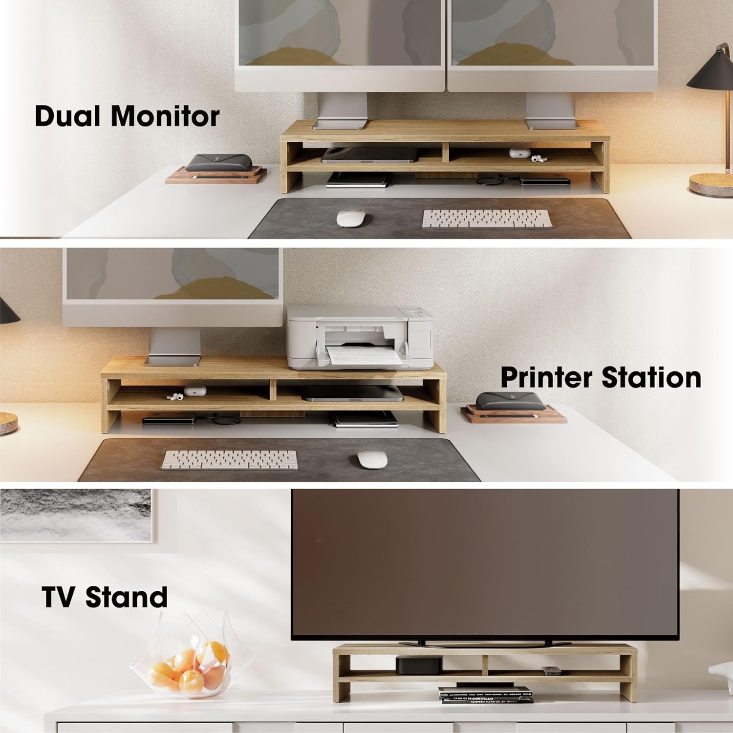 image:imageFenge Monitor Stand 315 Inch Computer Monitor Riser for Desk 2 Tiers Wood Desk Shelf with Storage Desktop Organizer for PC Laptop Screen PrinterOak