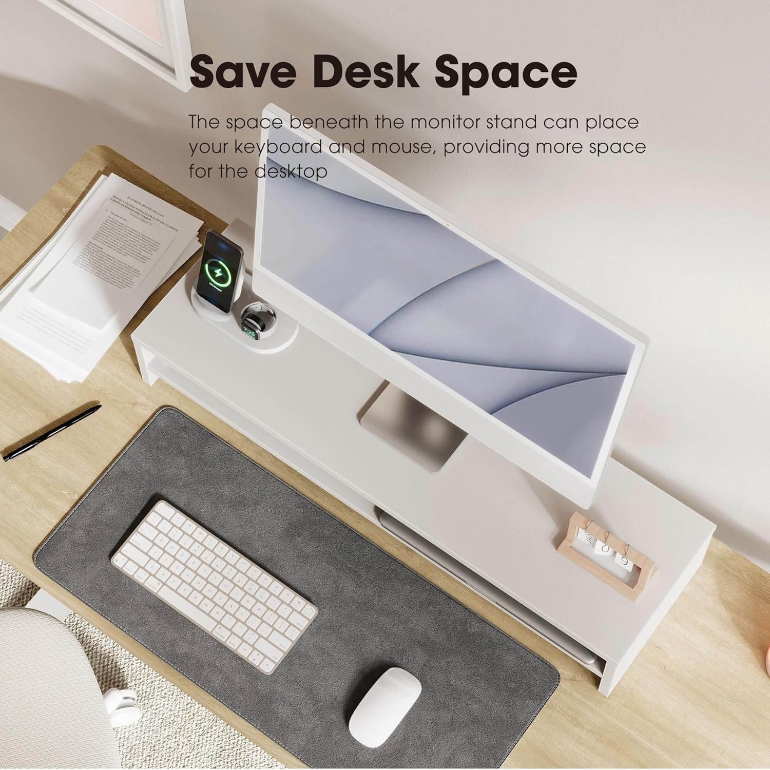 image:imageFenge Monitor Stand 315 Inch Computer Monitor Riser for Desk 2 Tiers Wood Desk Shelf with Storage Desktop Organizer for PC Laptop Screen PrinterWhite