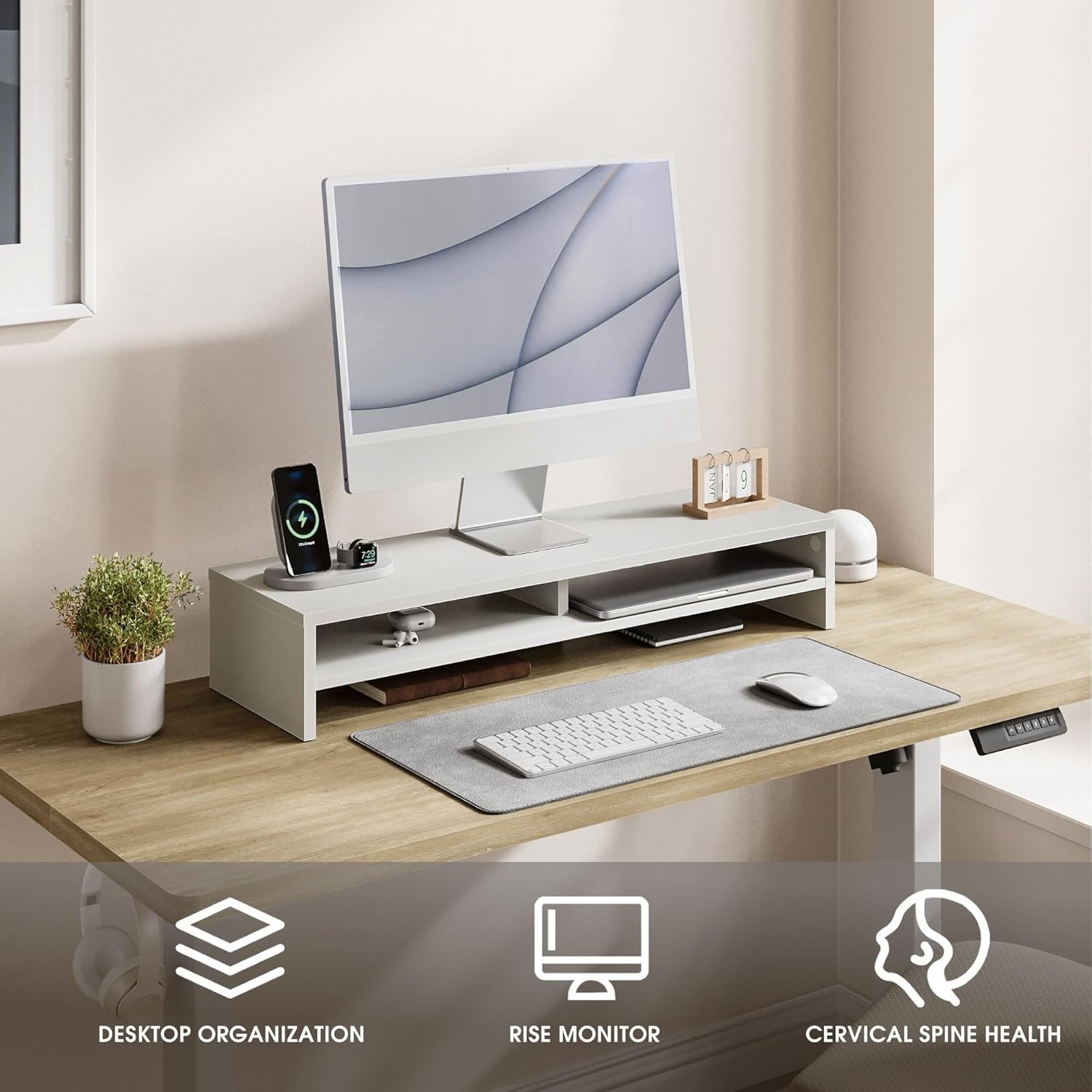 image:imageFenge Monitor Stand 315 Inch Computer Monitor Riser for Desk 2 Tiers Wood Desk Shelf with Storage Desktop Organizer for PC Laptop Screen PrinterWhite