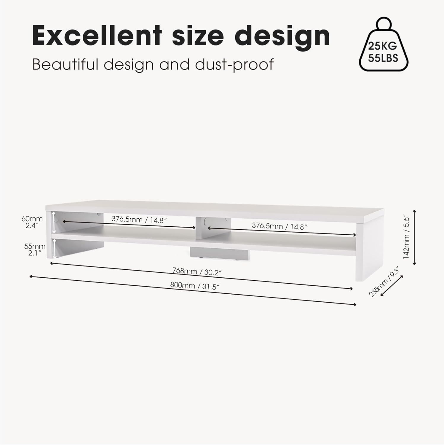 image:imageFenge Monitor Stand 315 Inch Computer Monitor Riser for Desk 2 Tiers Wood Desk Shelf with Storage Desktop Organizer for PC Laptop Screen PrinterWhite