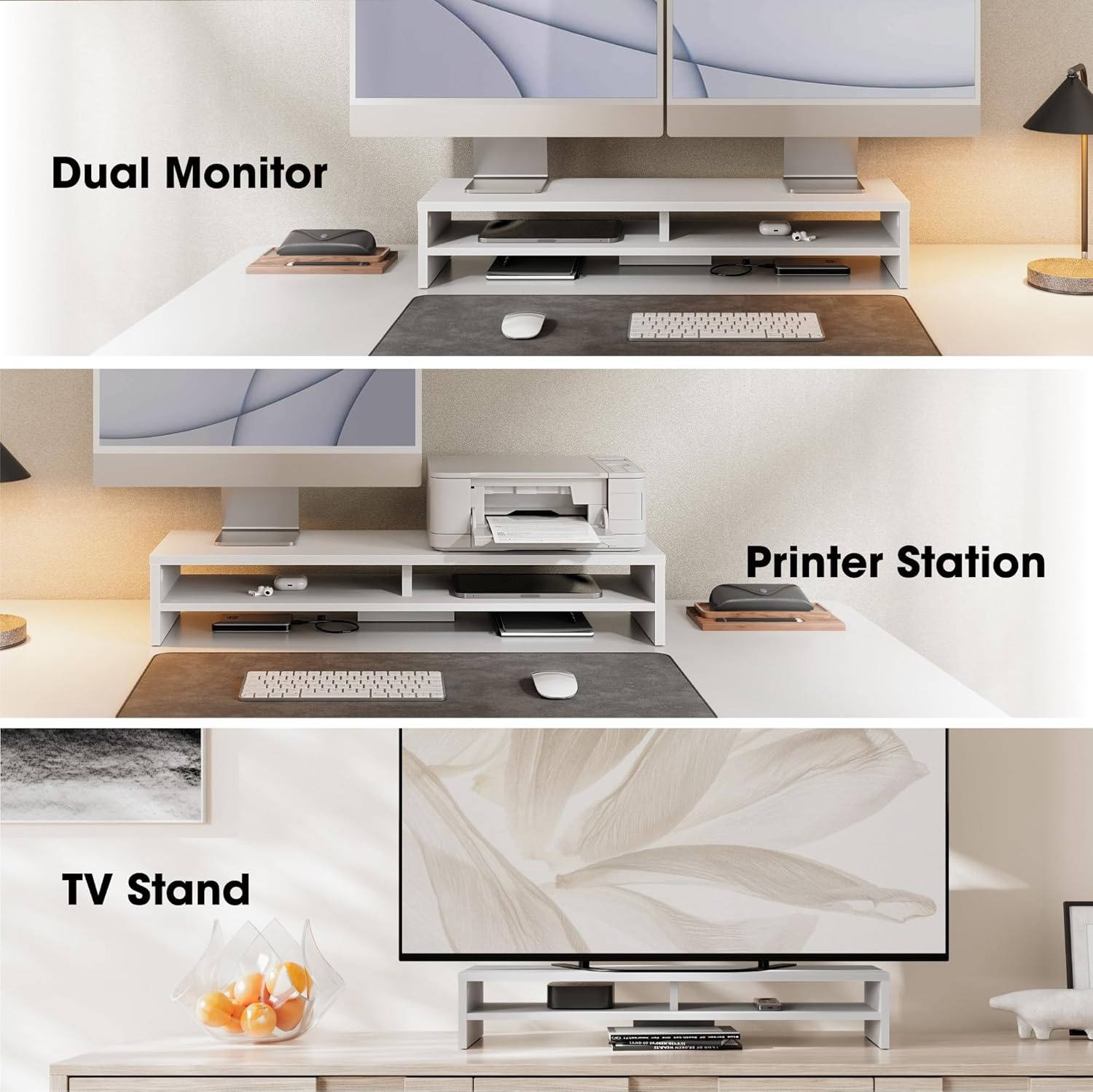 image:imageFenge Monitor Stand 315 Inch Computer Monitor Riser for Desk 2 Tiers Wood Desk Shelf with Storage Desktop Organizer for PC Laptop Screen PrinterWhite