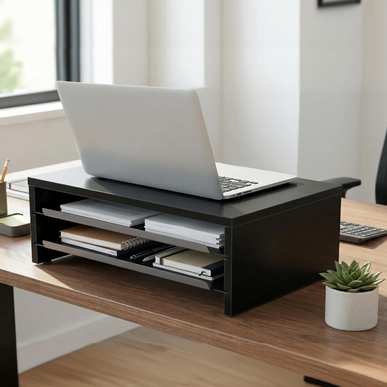 image:imageFenge Monitor Stand 3Tier Monitor Riser with SlideOut Tray Wooden and Metal Desktop Organizer for Home Office Computer Laptop Printer TelephoneBlack
