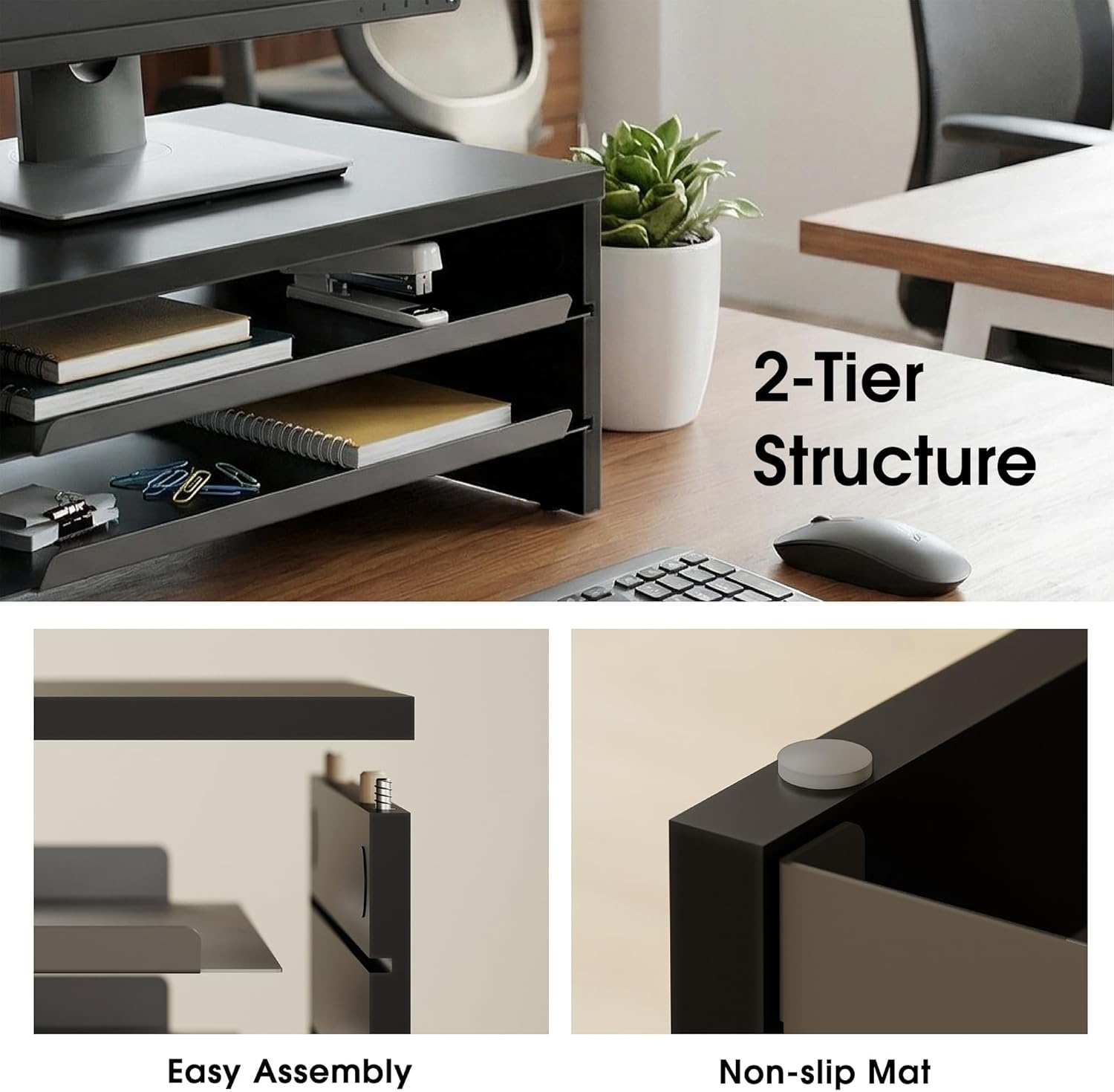 image:imageFenge Monitor Stand 3Tier Monitor Riser with SlideOut Tray Wooden and Metal Desktop Organizer for Home Office Computer Laptop Printer TelephoneBlack