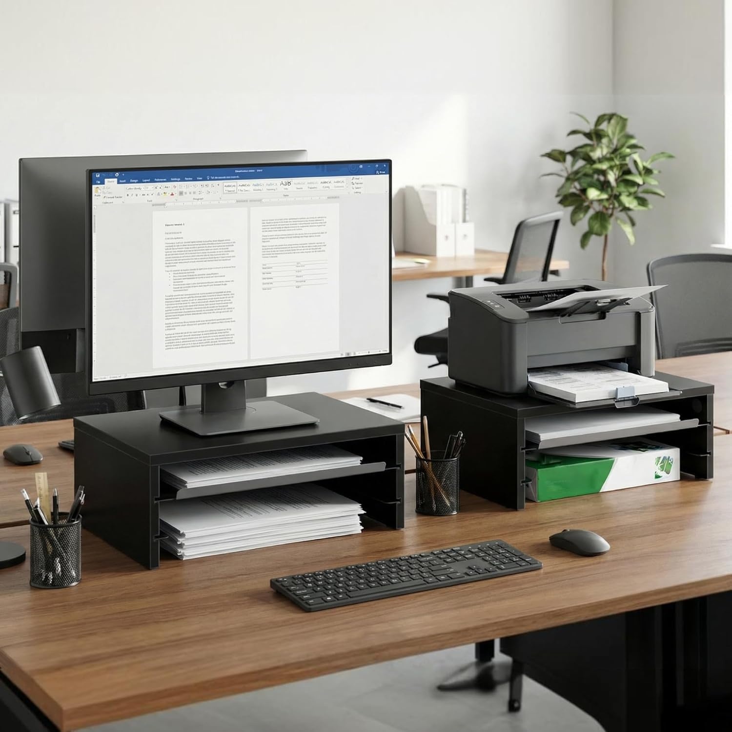 image:imageFenge Monitor Stand 3Tier Monitor Riser with SlideOut Tray Wooden and Metal Desktop Organizer for Home Office Computer Laptop Printer TelephoneBlack