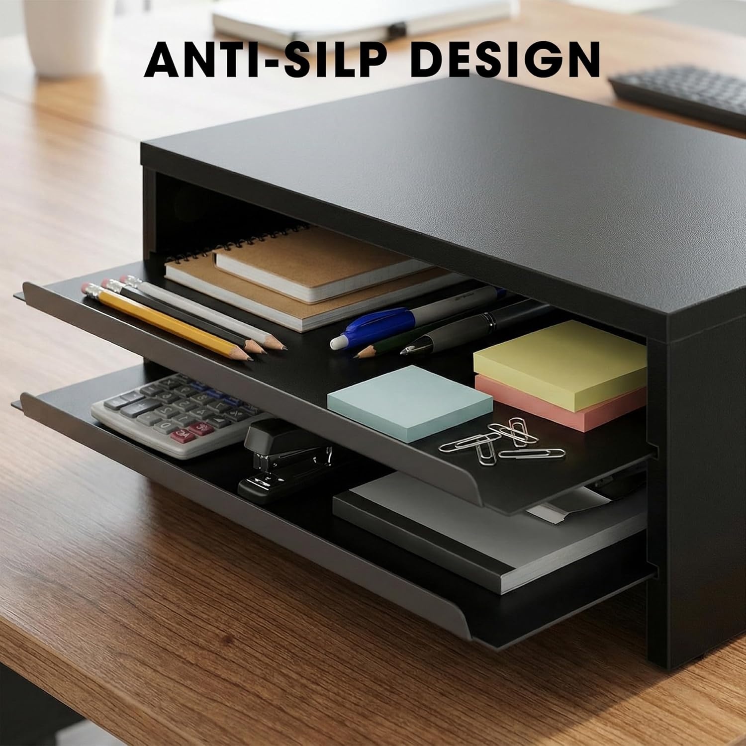image:imageFenge Monitor Stand 3Tier Monitor Riser with SlideOut Tray Wooden and Metal Desktop Organizer for Home Office Computer Laptop Printer TelephoneBlack