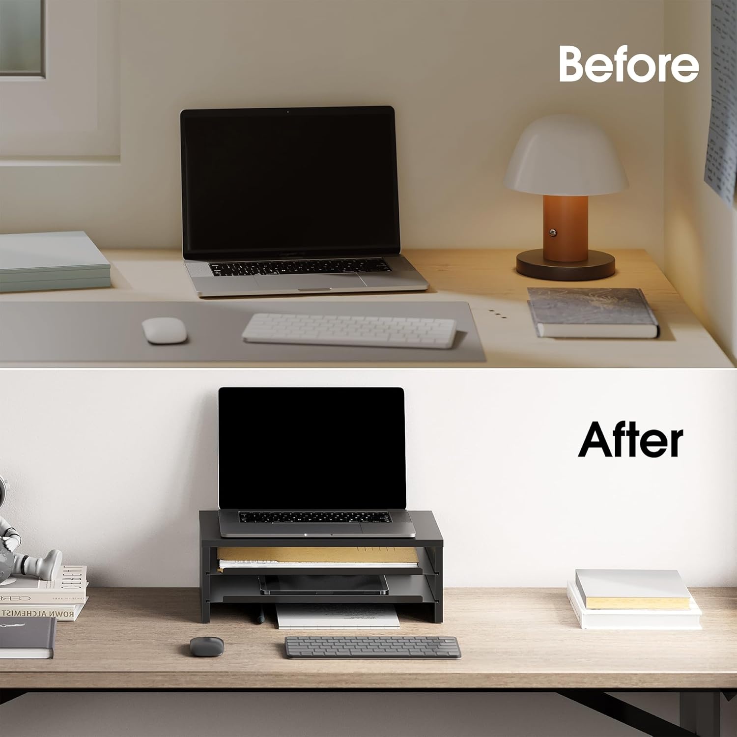 image:imageFenge Monitor Stand 3Tier Monitor Riser with SlideOut Tray Wooden and Metal Desktop Organizer for Home Office Computer Laptop Printer TelephoneBlack