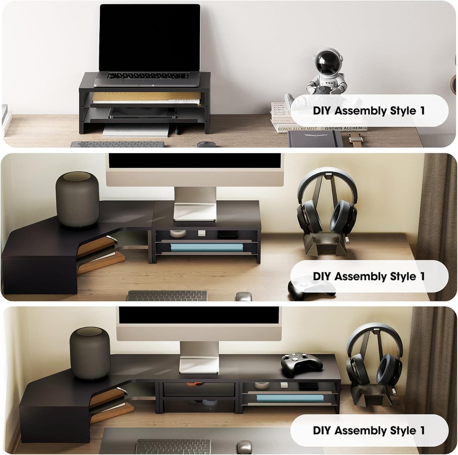 image:imageFenge Monitor Stand 3Tier Monitor Riser with SlideOut Tray Wooden and Metal Desktop Organizer for Home Office Computer Laptop Printer TelephoneBlack