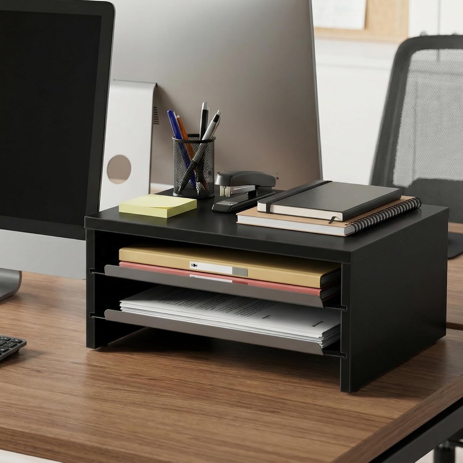 image:imageFenge Monitor Stand 3Tier Monitor Riser with SlideOut Tray Wooden and Metal Desktop Organizer for Home Office Computer Laptop Printer TelephoneBlack