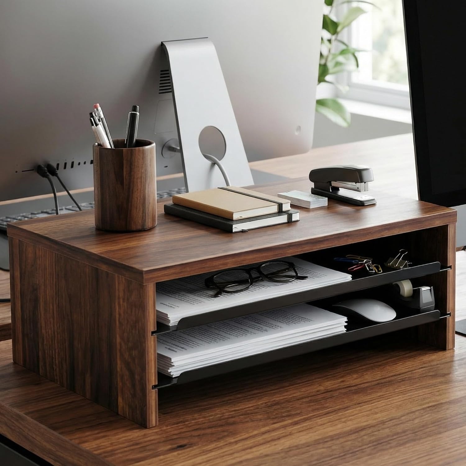 image:imageFenge Monitor Stand 3Tier Monitor Riser with SlideOut Tray Wooden and Metal Desktop Organizer for Home Office Computer Laptop Printer TelephoneBrown