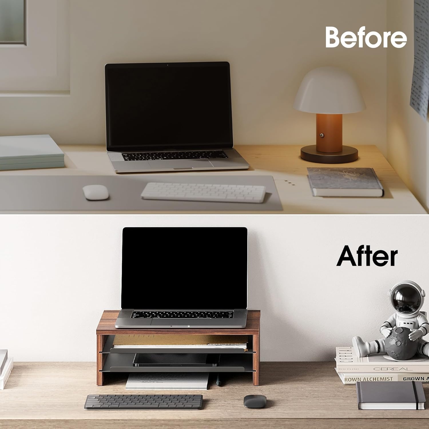 image:imageFenge Monitor Stand 3Tier Monitor Riser with SlideOut Tray Wooden and Metal Desktop Organizer for Home Office Computer Laptop Printer TelephoneBrown