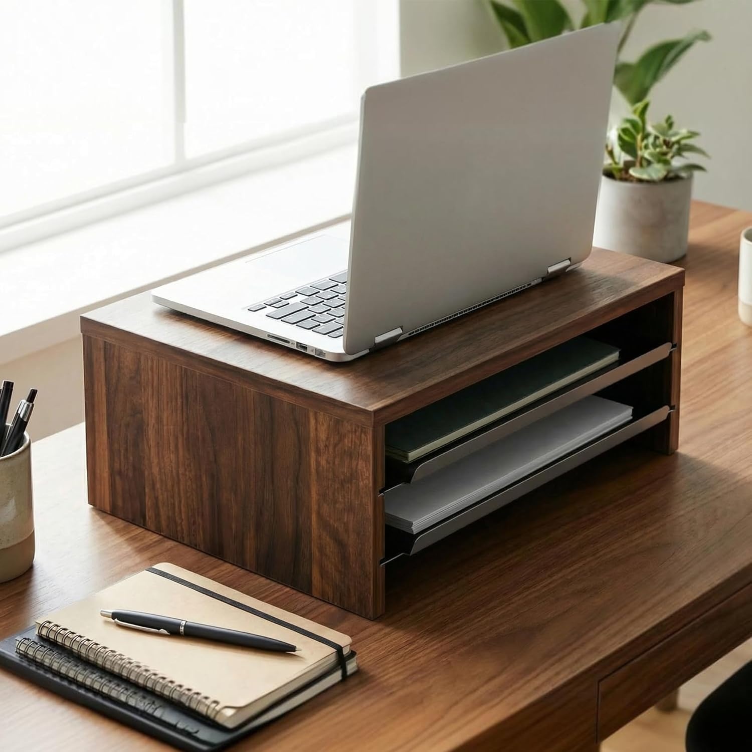 image:imageFenge Monitor Stand 3Tier Monitor Riser with SlideOut Tray Wooden and Metal Desktop Organizer for Home Office Computer Laptop Printer TelephoneBrown