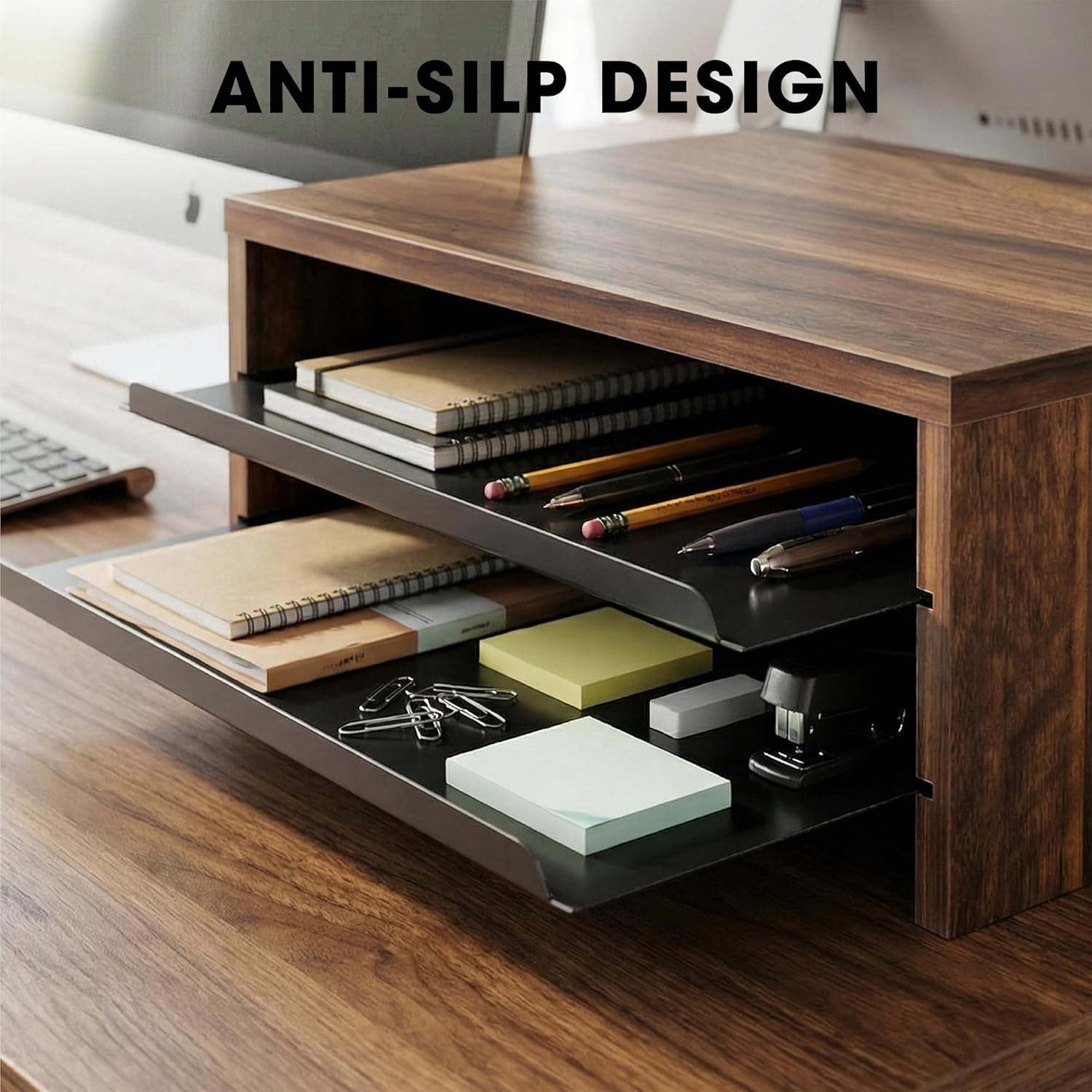 image:imageFenge Monitor Stand 3Tier Monitor Riser with SlideOut Tray Wooden and Metal Desktop Organizer for Home Office Computer Laptop Printer TelephoneBrown
