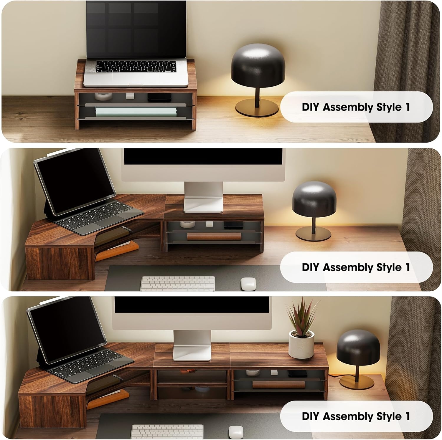 image:imageFenge Monitor Stand 3Tier Monitor Riser with SlideOut Tray Wooden and Metal Desktop Organizer for Home Office Computer Laptop Printer TelephoneBrown