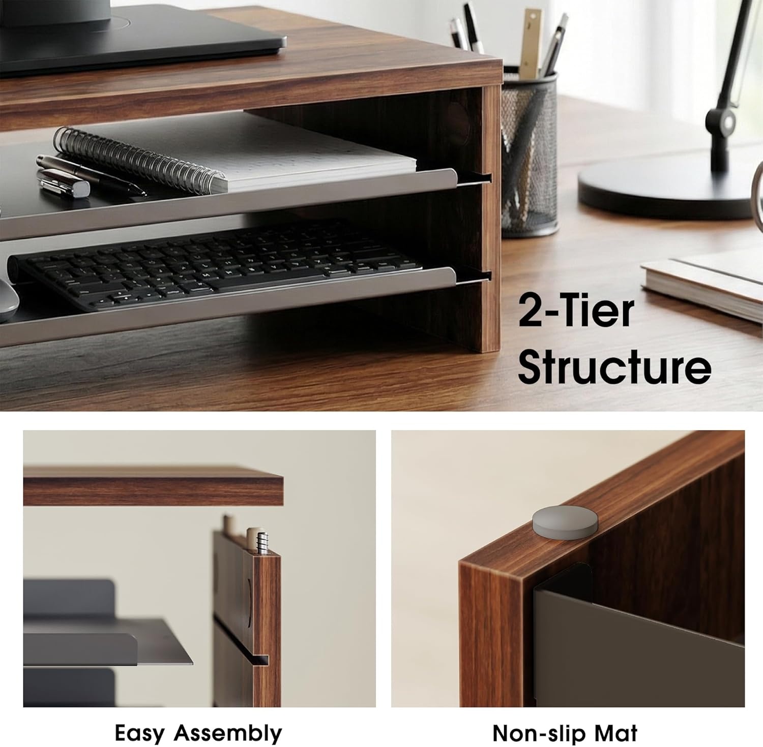 image:imageFenge Monitor Stand 3Tier Monitor Riser with SlideOut Tray Wooden and Metal Desktop Organizer for Home Office Computer Laptop Printer TelephoneBrown