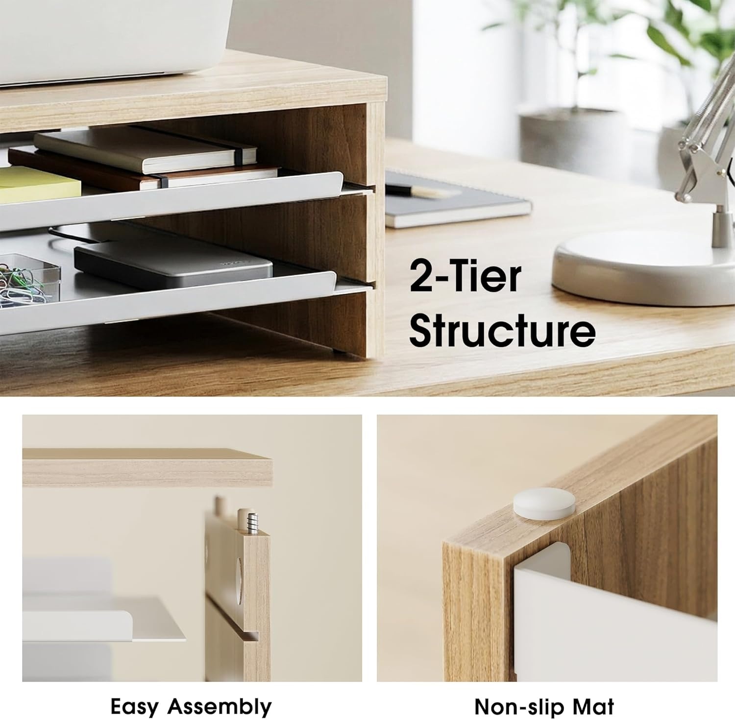 image:imageFenge Monitor Stand 3Tier Monitor Riser with SlideOut Tray Wooden and Metal Desktop Organizer for Home Office Computer Laptop Printer TelephoneOak