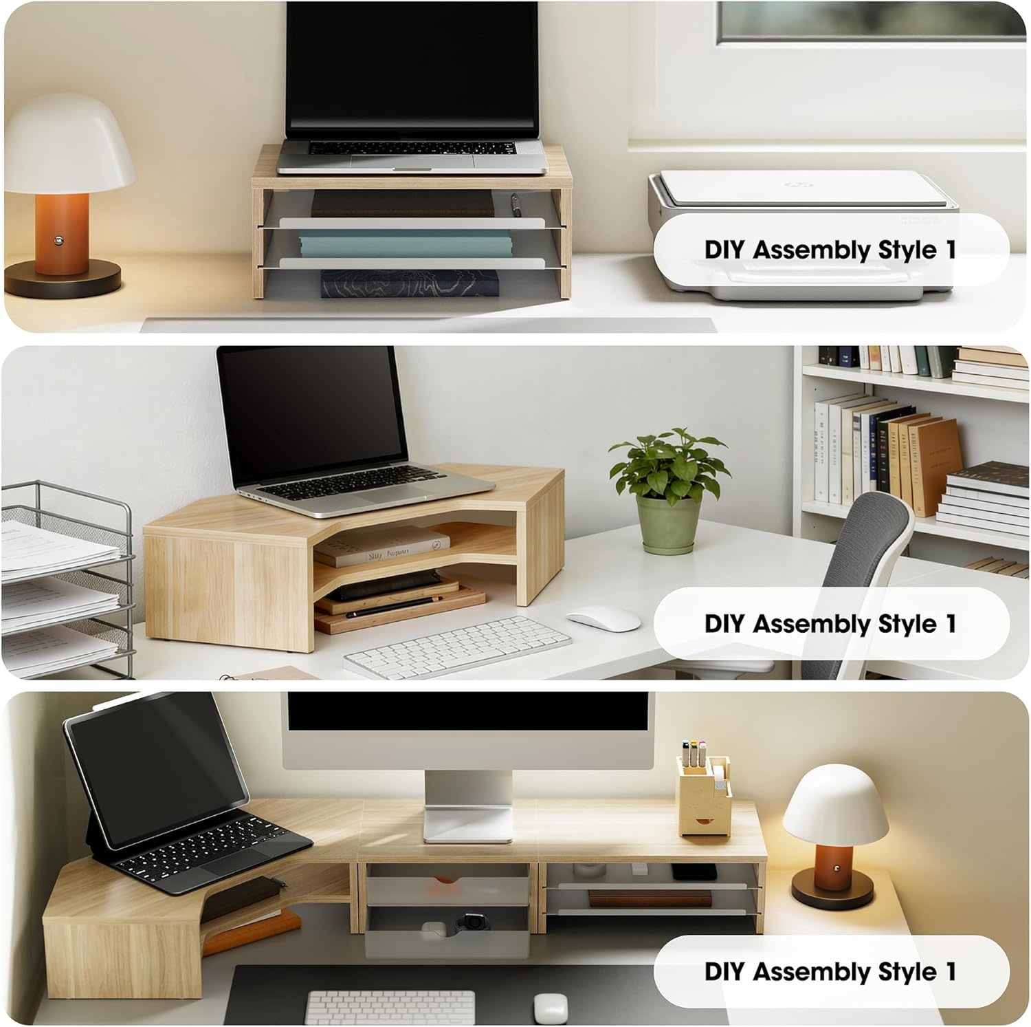 image:imageFenge Monitor Stand 3Tier Monitor Riser with SlideOut Tray Wooden and Metal Desktop Organizer for Home Office Computer Laptop Printer TelephoneOak