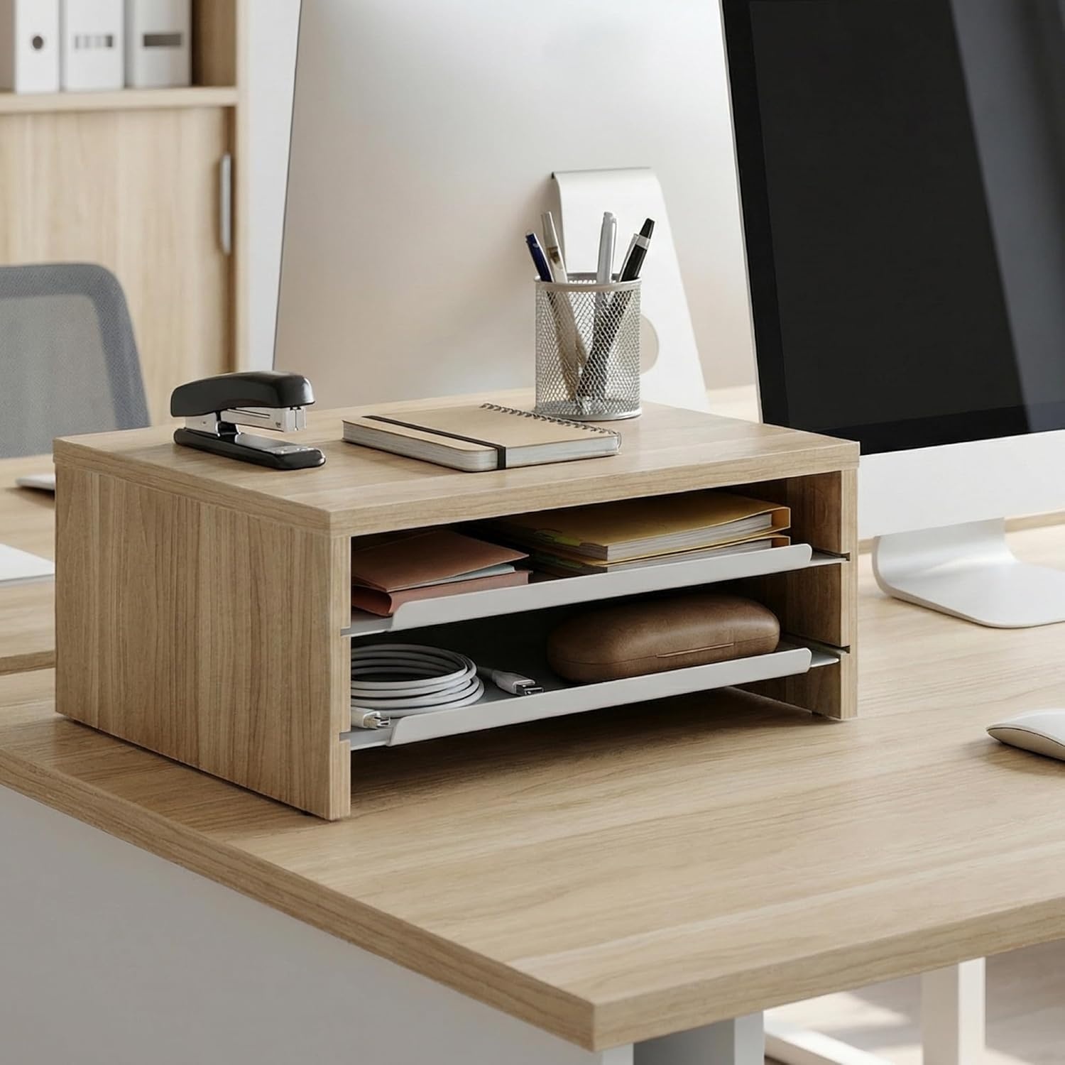image:imageFenge Monitor Stand 3Tier Monitor Riser with SlideOut Tray Wooden and Metal Desktop Organizer for Home Office Computer Laptop Printer TelephoneOak